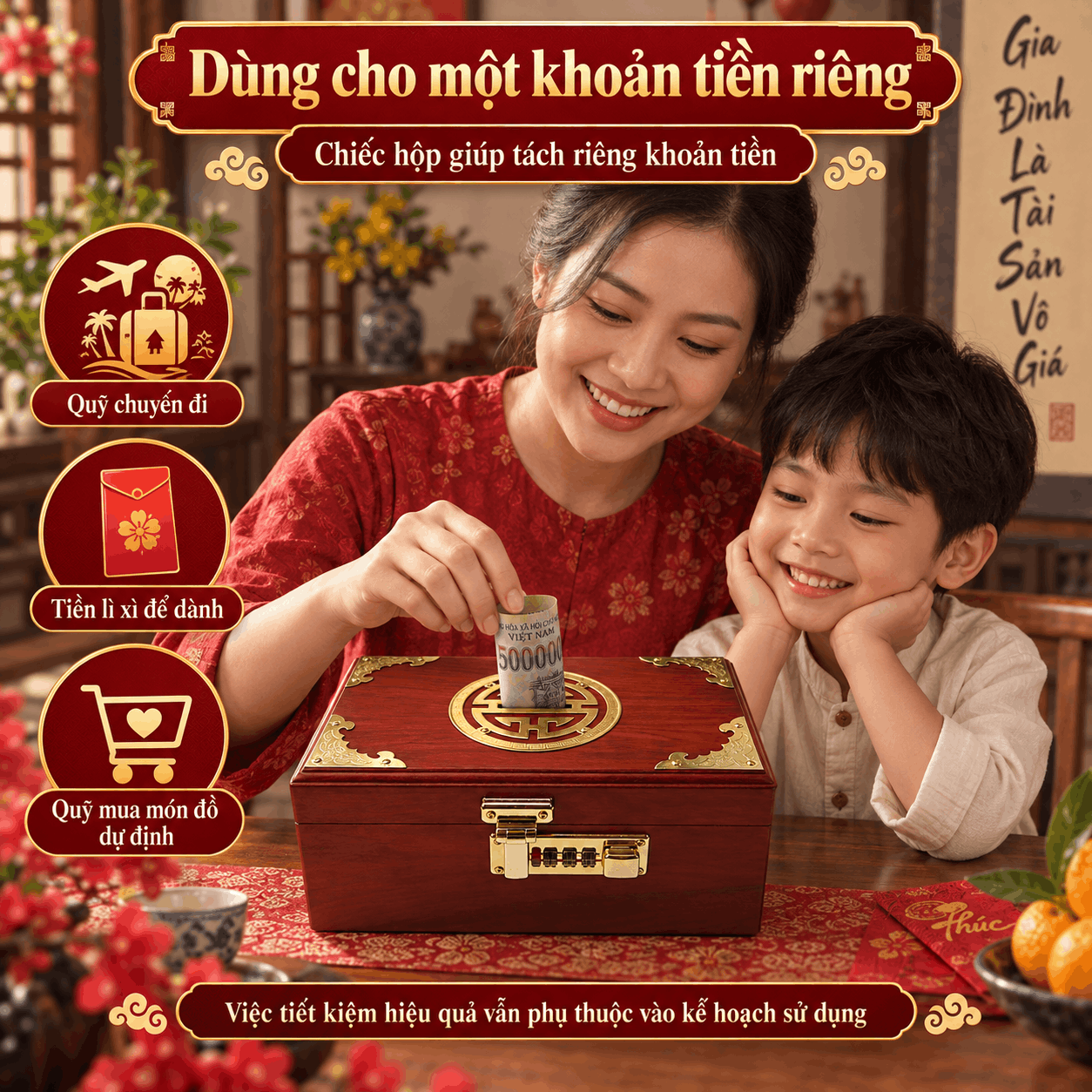 Hộp Đựng Tiền Chữ Thọ Khóa Số Gỗ Hương – Mẫu Truyền Thống