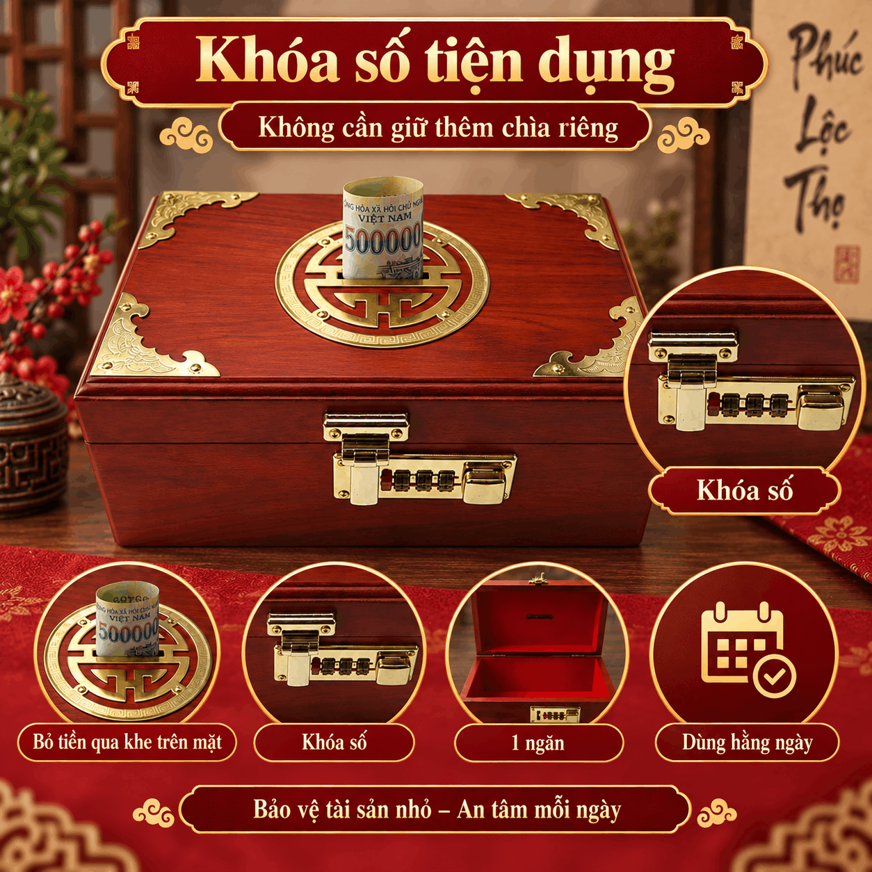 Hộp Đựng Tiền Chữ Thọ Khóa Số Gỗ Hương – Mẫu Truyền Thống