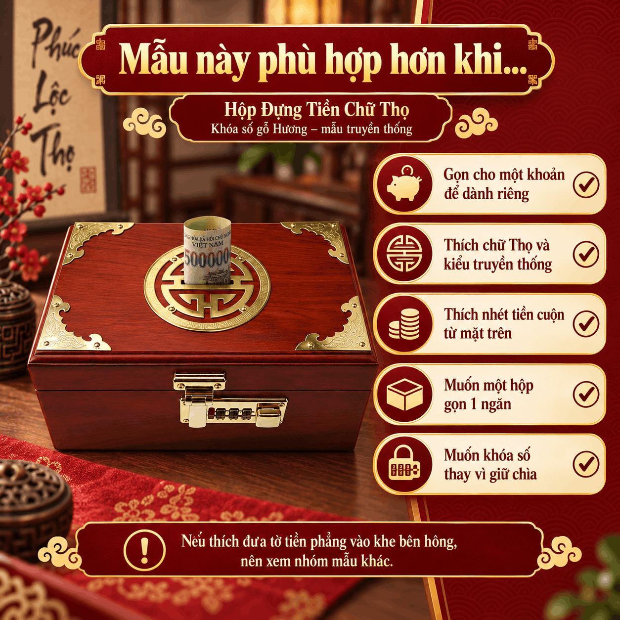 Hộp Đựng Tiền Chữ Thọ Khóa Số Gỗ Hương – Mẫu Truyền Thống