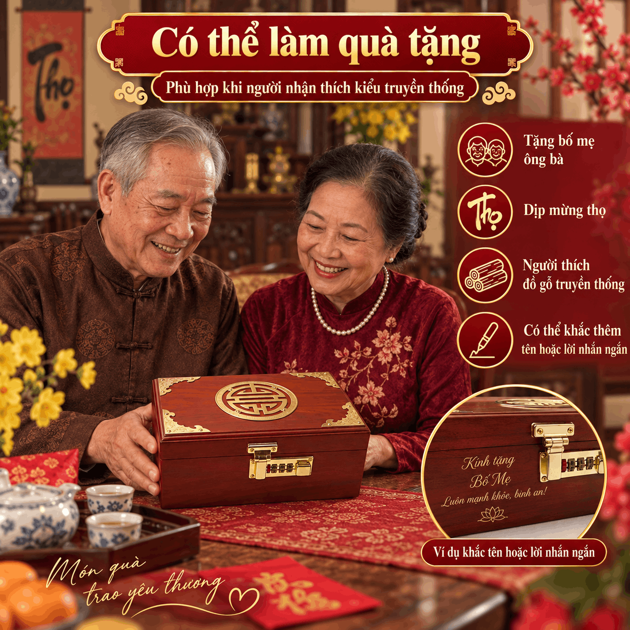 Hộp Đựng Tiền Chữ Thọ Khóa Số Gỗ Hương – Mẫu Truyền Thống