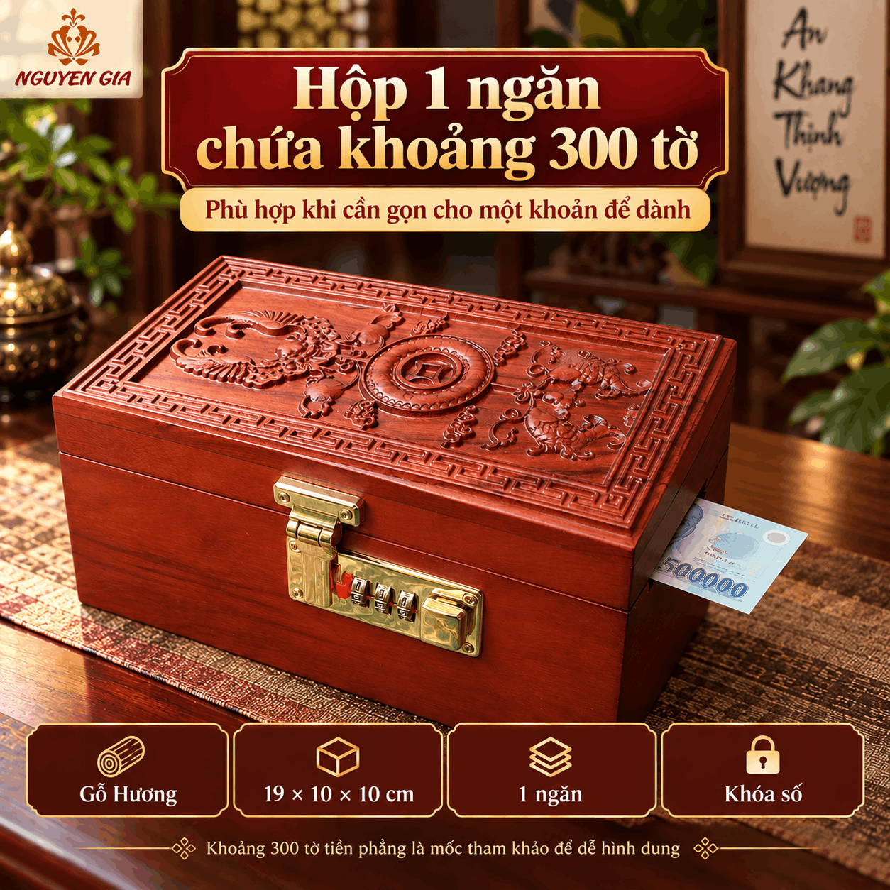 Hộp Đựng Tiền Phong Thủy Tài Lộc Gỗ Hương – Chạm Nổi, Khóa Số