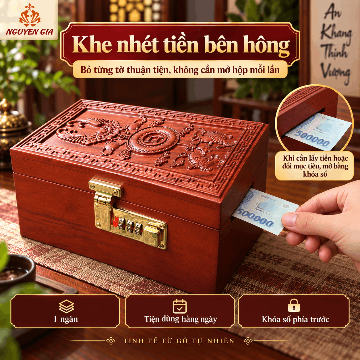 Hộp Đựng Tiền Phong Thủy Tài Lộc Gỗ Hương – Chạm Nổi, Khóa Số