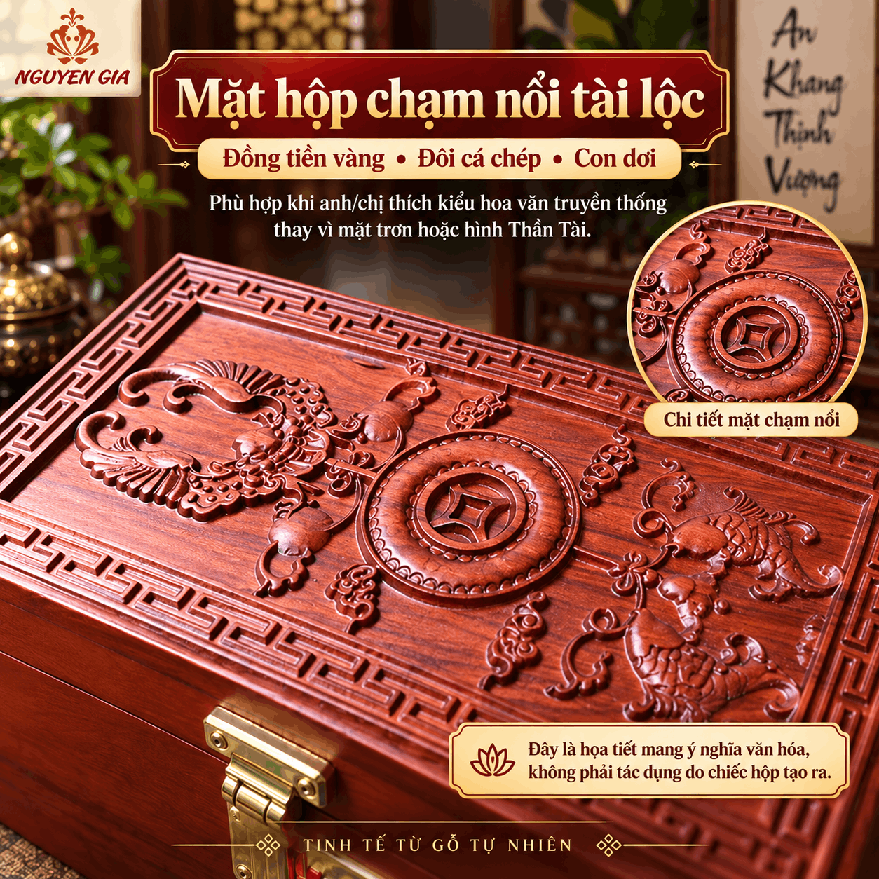 Hộp Đựng Tiền Phong Thủy Tài Lộc Gỗ Hương – Chạm Nổi, Khóa Số