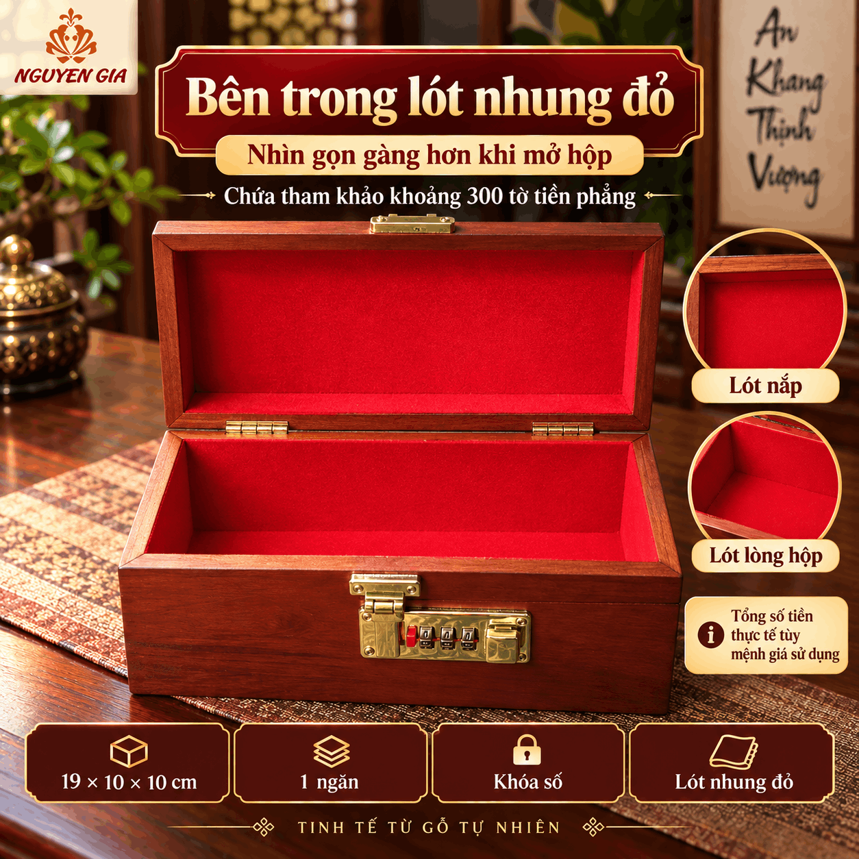 Hộp Đựng Tiền Phong Thủy Tài Lộc Gỗ Hương – Chạm Nổi, Khóa Số