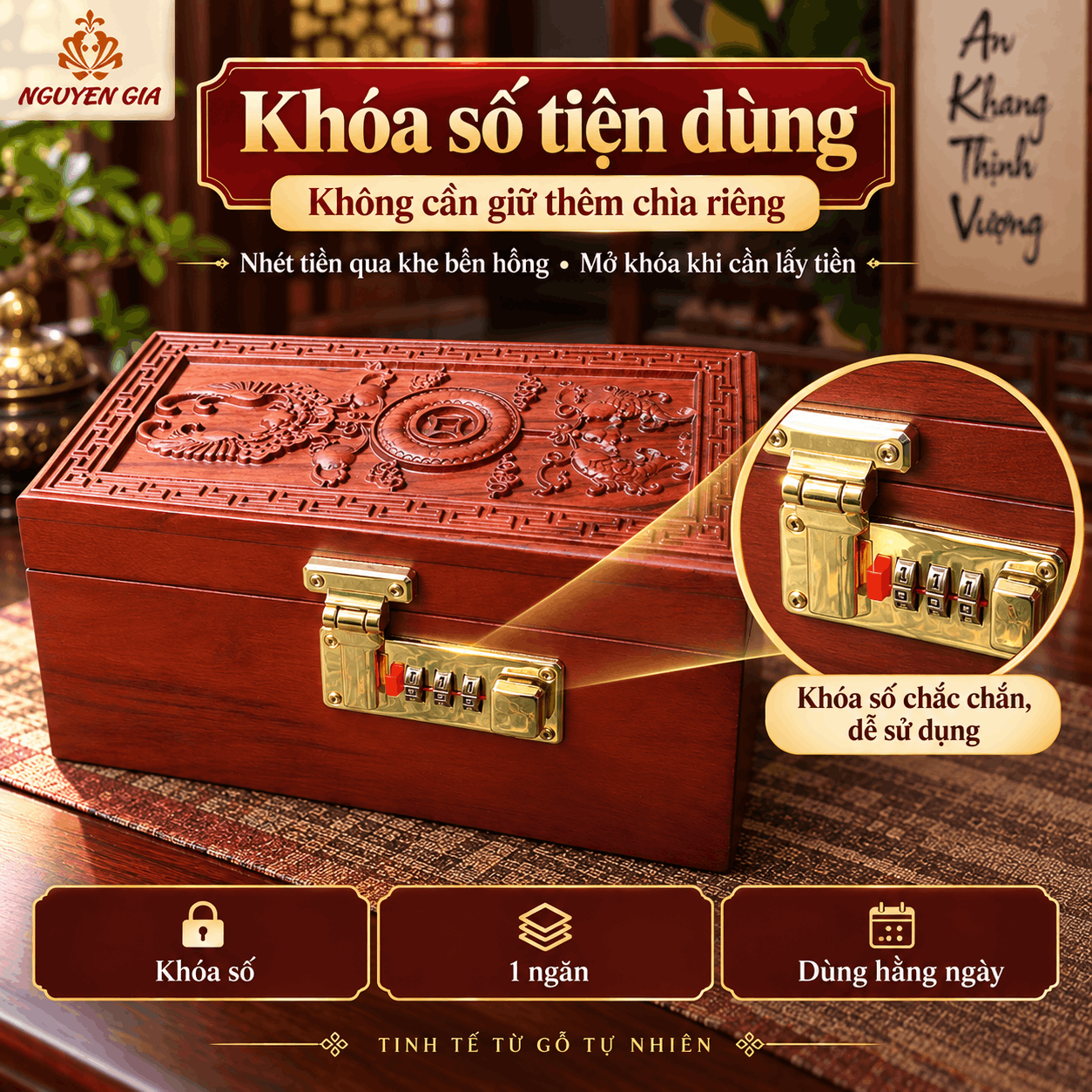 Hộp Đựng Tiền Phong Thủy Tài Lộc Gỗ Hương – Chạm Nổi, Khóa Số