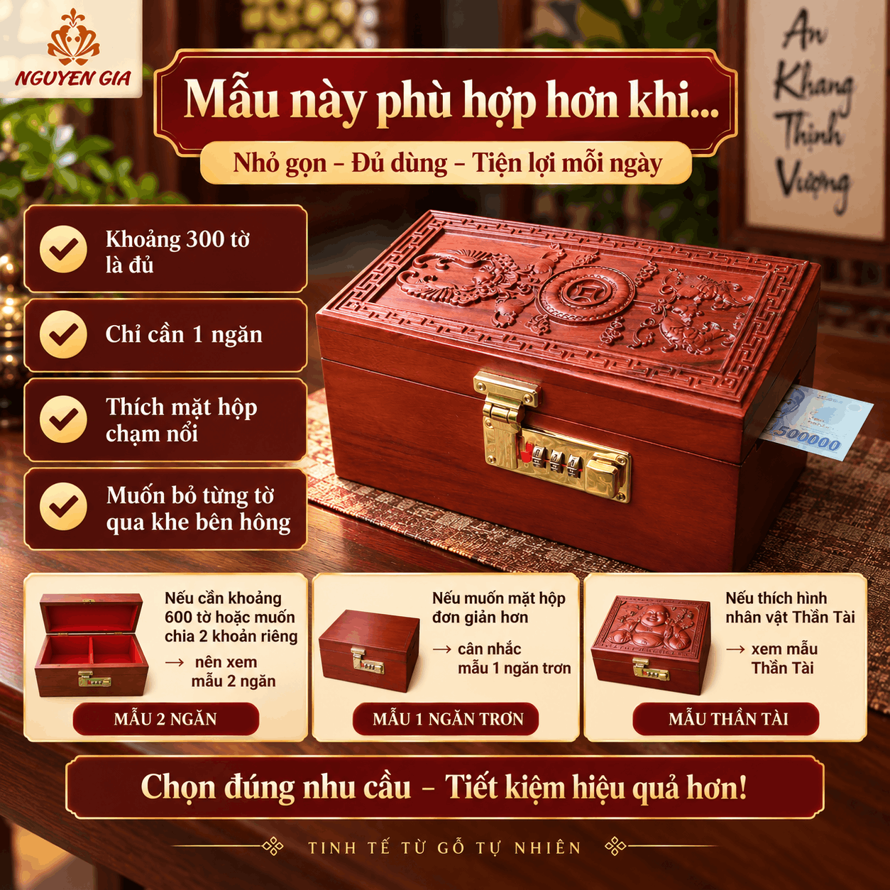 Hộp Đựng Tiền Phong Thủy Tài Lộc Gỗ Hương – Chạm Nổi, Khóa Số