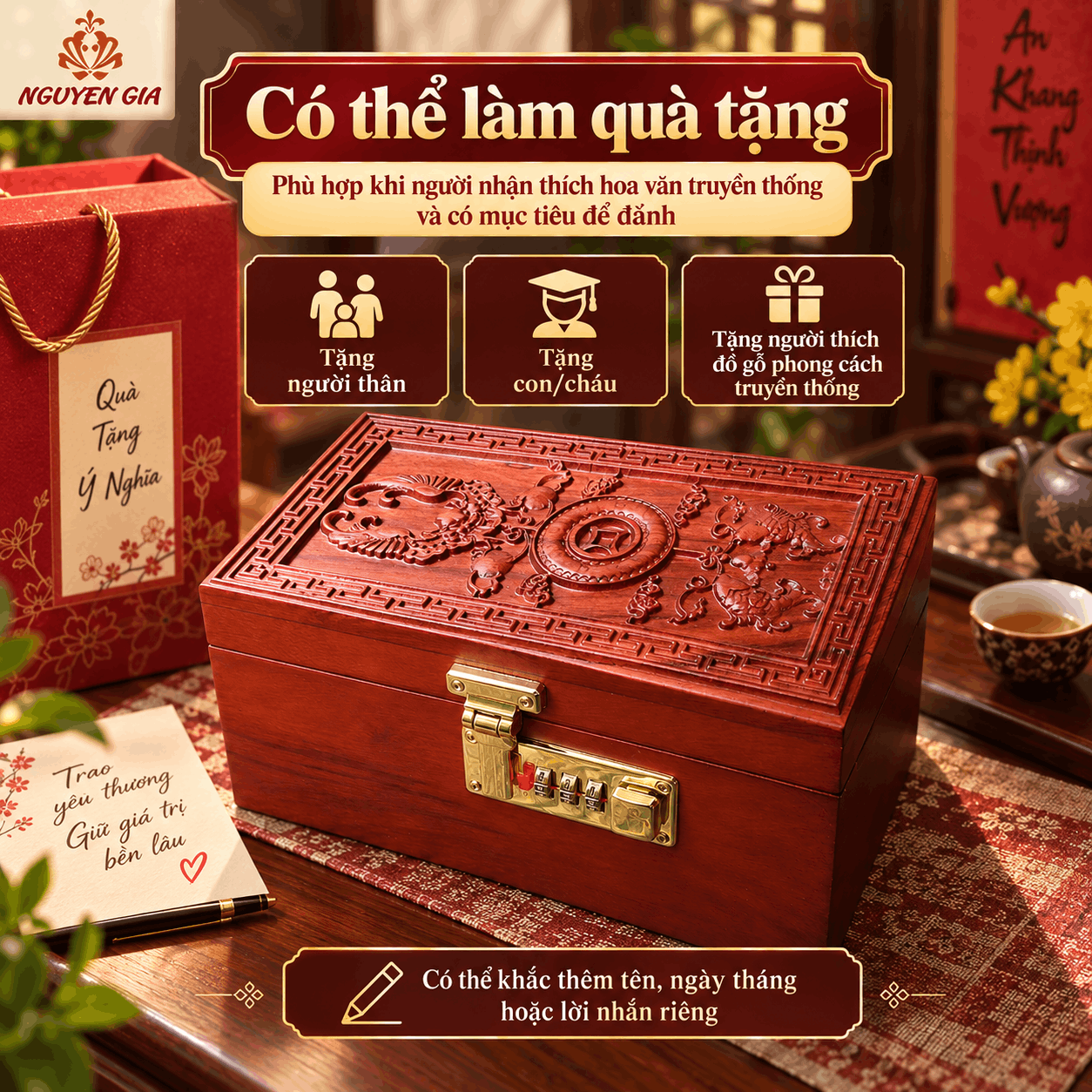 Hộp Đựng Tiền Phong Thủy Tài Lộc Gỗ Hương – Chạm Nổi, Khóa Số