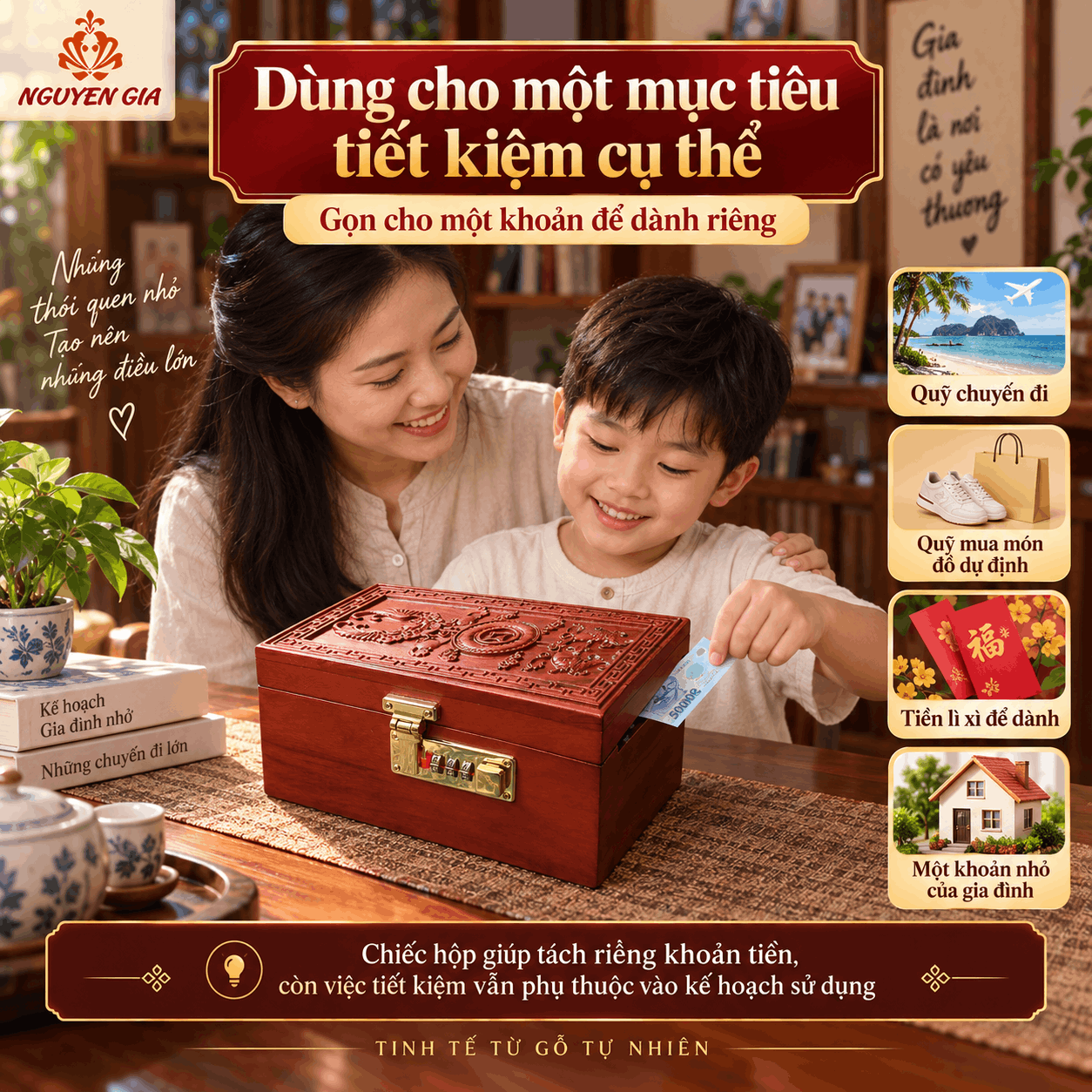 Hộp Đựng Tiền Phong Thủy Tài Lộc Gỗ Hương – Chạm Nổi, Khóa Số