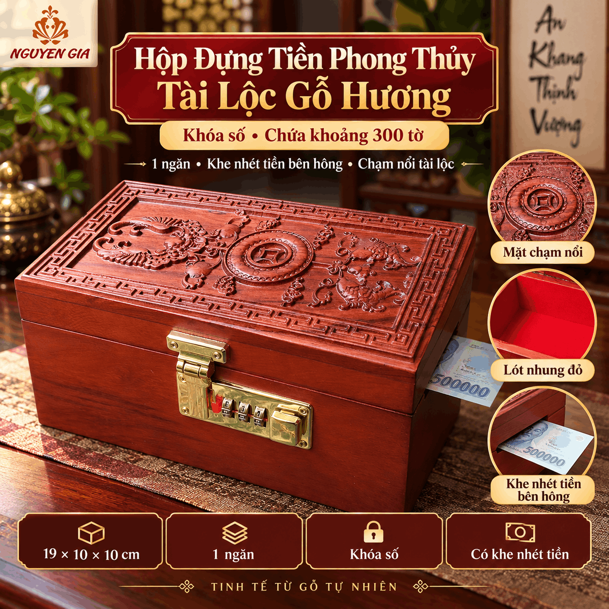 Hộp Đựng Tiền Phong Thủy Tài Lộc Gỗ Hương – Chạm Nổi, Khóa Số