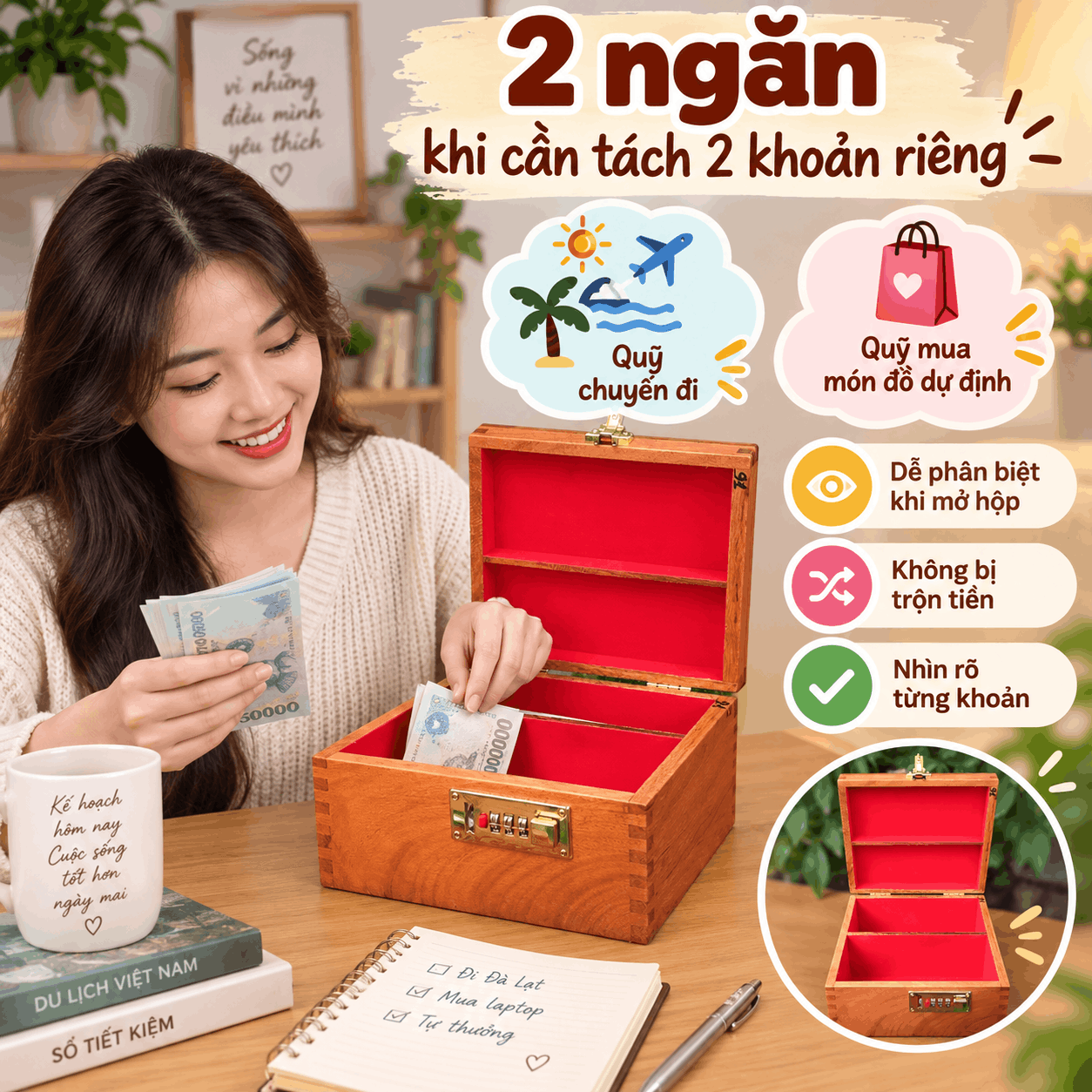 Hộp Đựng Tiền Tiết Kiệm 2 Ngăn Có Khóa Số Bằng Gỗ Hương