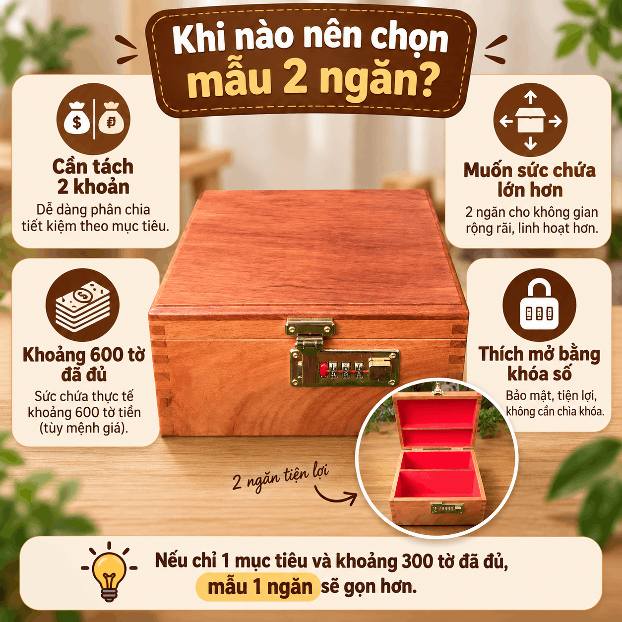 Hộp Đựng Tiền Tiết Kiệm 2 Ngăn Có Khóa Số Bằng Gỗ Hương