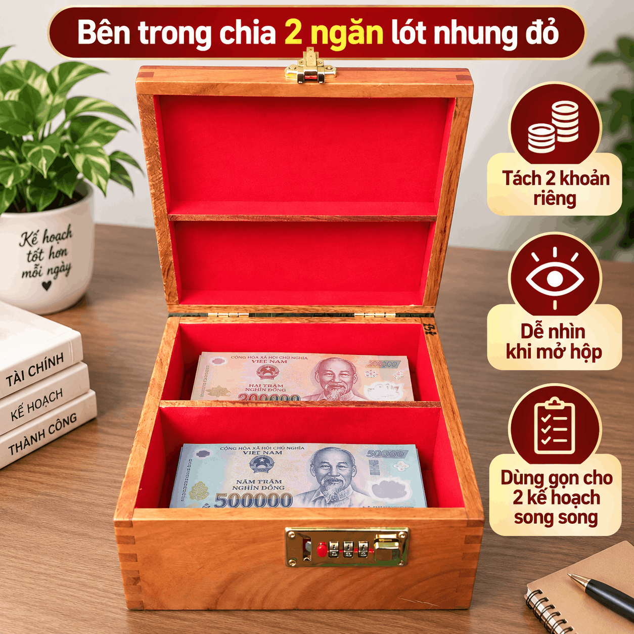 Hộp Đựng Tiền Tiết Kiệm 2 Ngăn Có Khóa Số Bằng Gỗ Hương