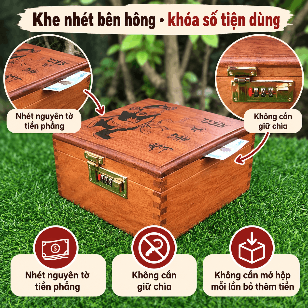 Hộp Đựng Tiền Tiết Kiệm 2 Ngăn Có Khóa Số Bằng Gỗ Hương
