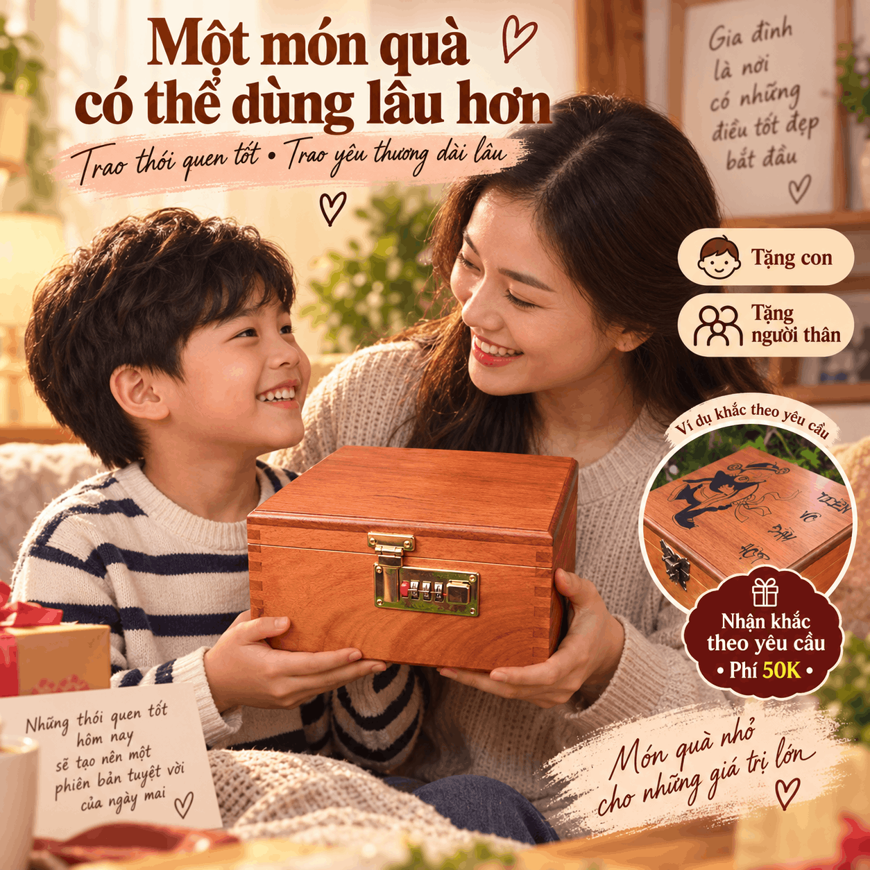 Hộp Đựng Tiền Tiết Kiệm 2 Ngăn Có Khóa Số Bằng Gỗ Hương