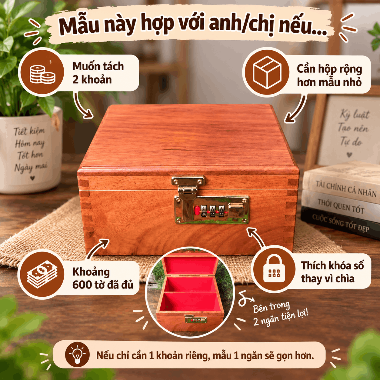 Hộp Đựng Tiền Tiết Kiệm 2 Ngăn Có Khóa Số Bằng Gỗ Hương