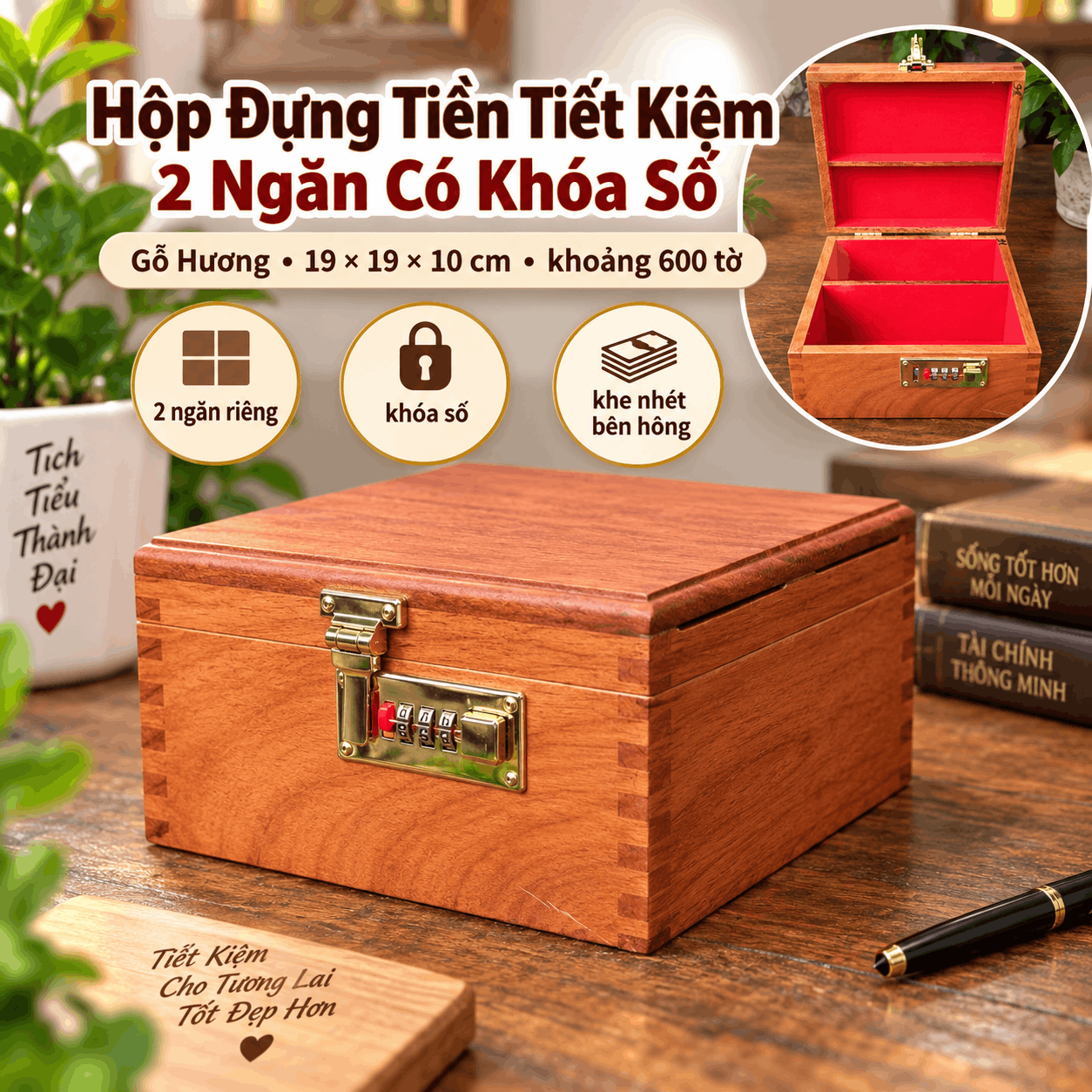 Hộp Đựng Tiền Tiết Kiệm 2 Ngăn Có Khóa Số Bằng Gỗ Hương