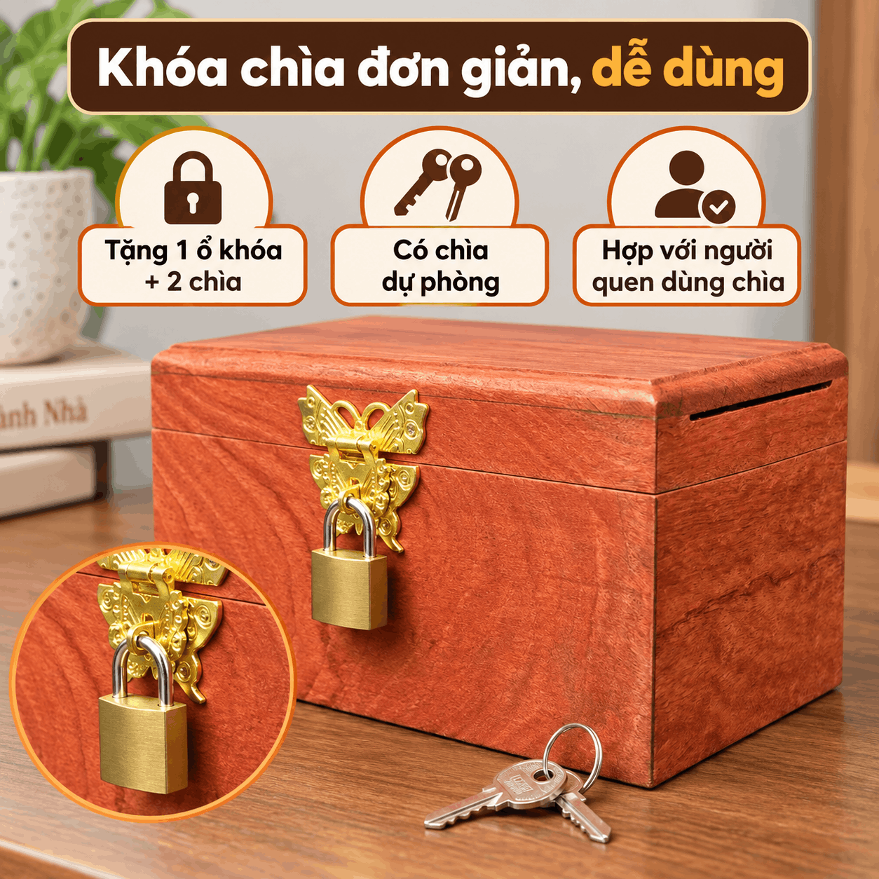 Hộp Gỗ Đựng Tiền Mini Có Khóa Chìa – Gỗ Hương Chứa 300 Tờ