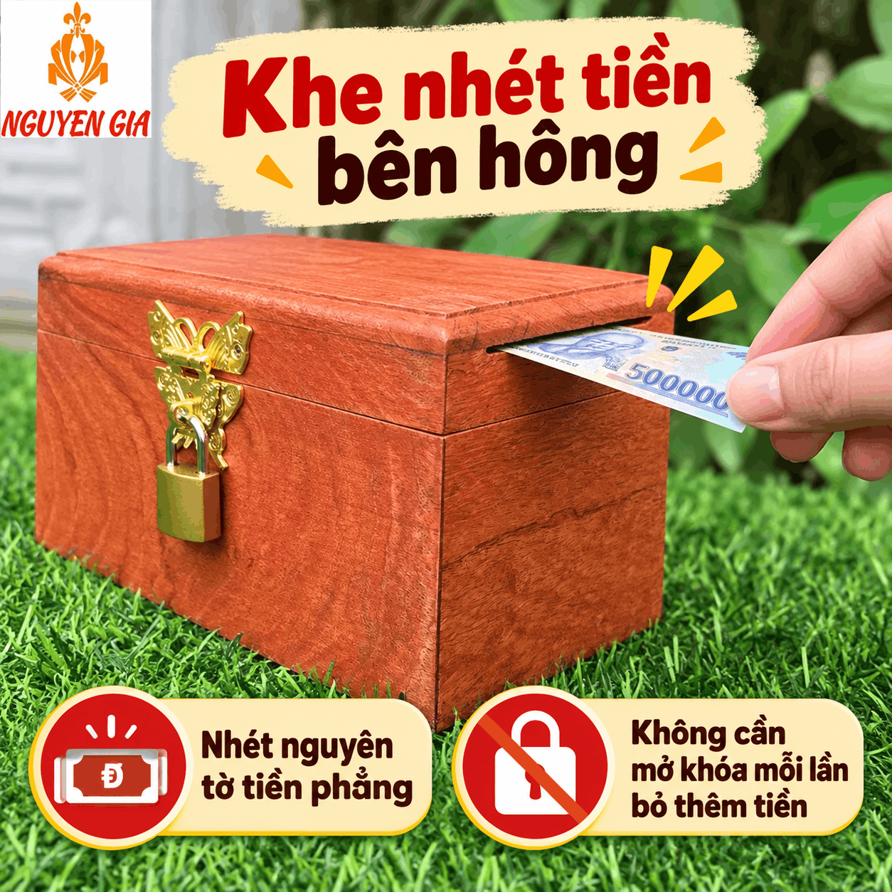 Hộp Gỗ Đựng Tiền Mini Có Khóa Chìa – Gỗ Hương Chứa 300 Tờ