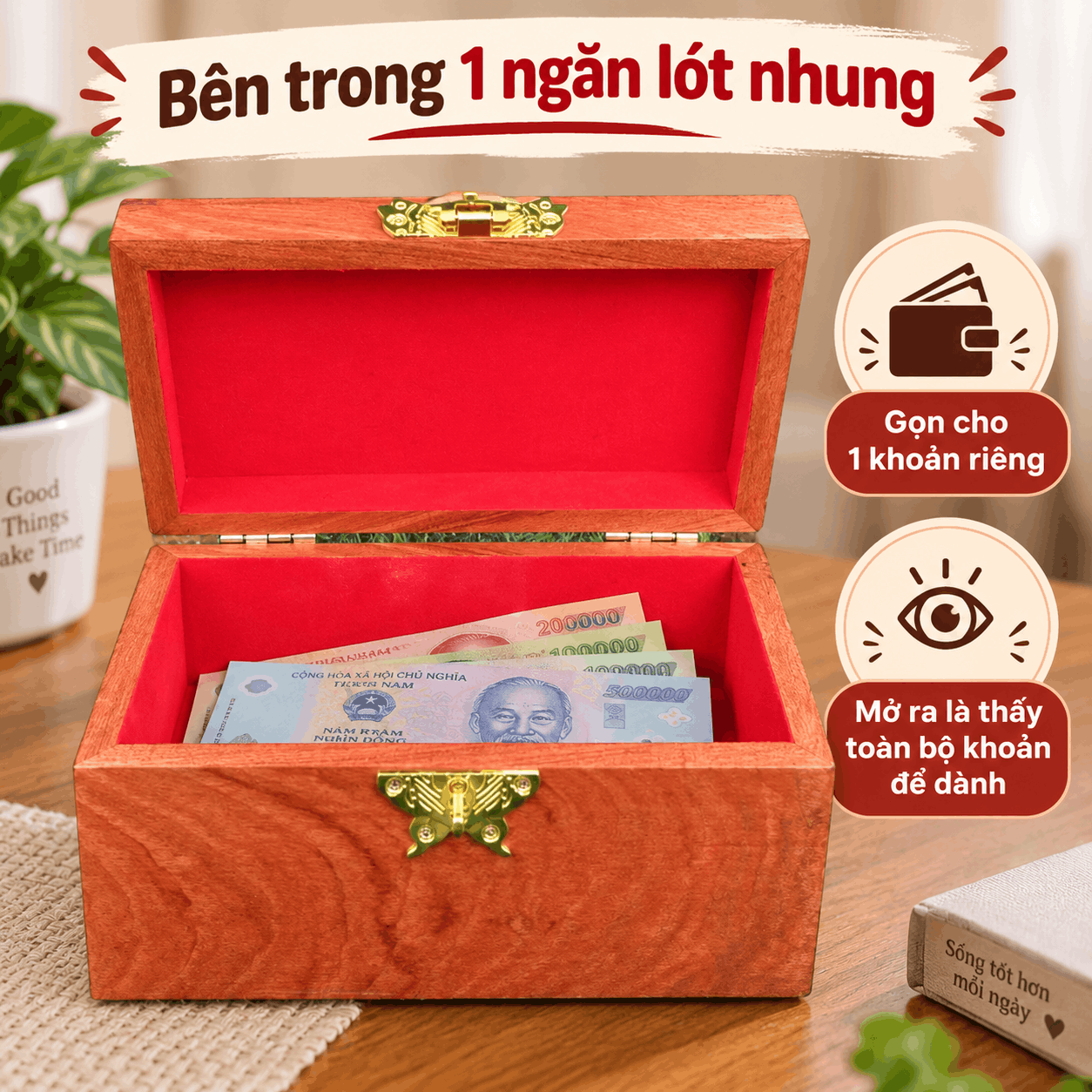 Hộp Gỗ Đựng Tiền Mini Có Khóa Chìa – Gỗ Hương Chứa 300 Tờ