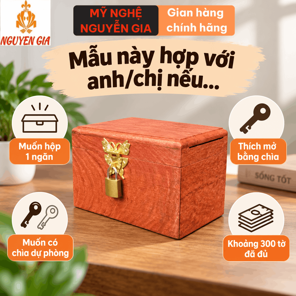Hộp Gỗ Đựng Tiền Mini Có Khóa Chìa – Gỗ Hương Chứa 300 Tờ