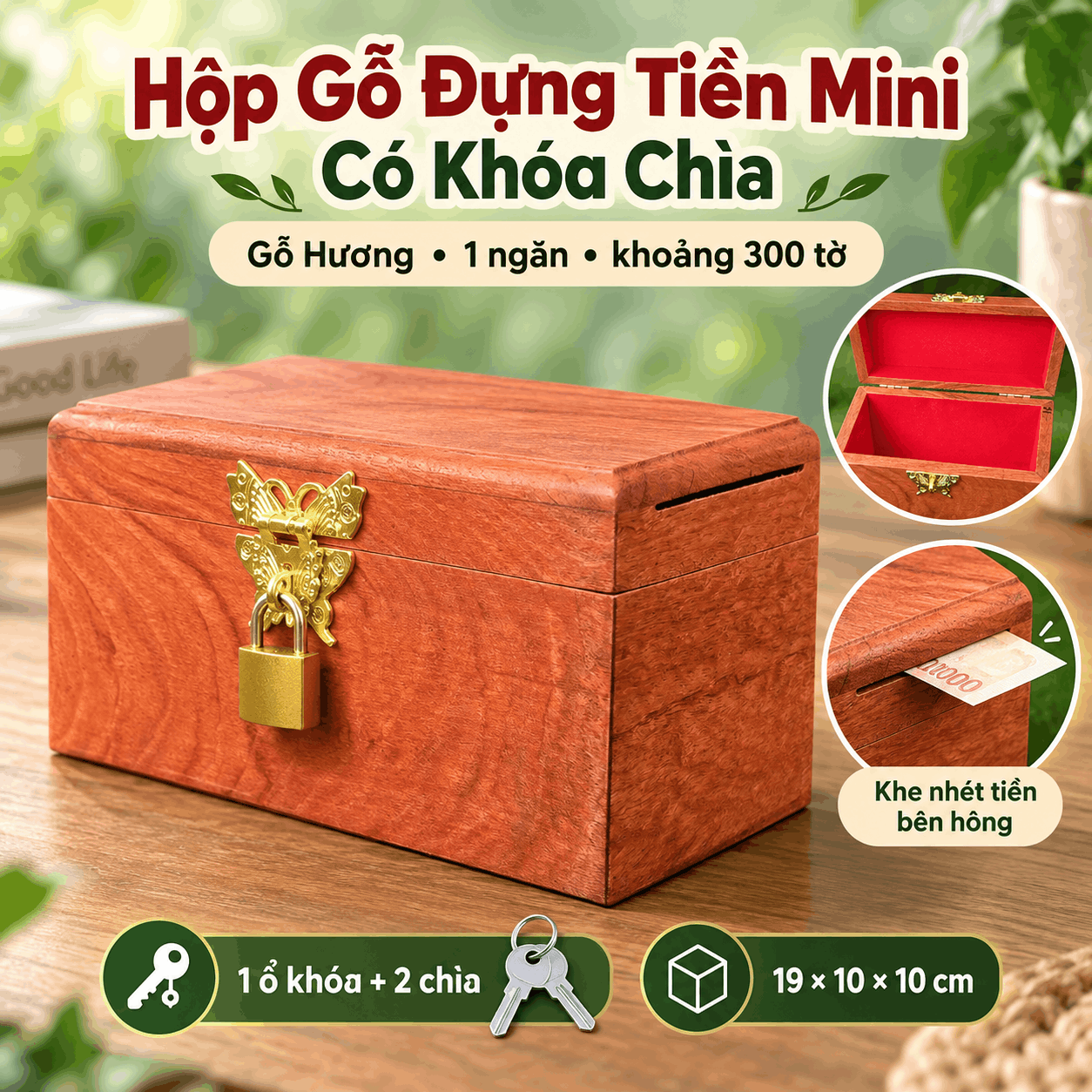 Hộp Gỗ Đựng Tiền Mini Có Khóa Chìa – Gỗ Hương Chứa 300 Tờ