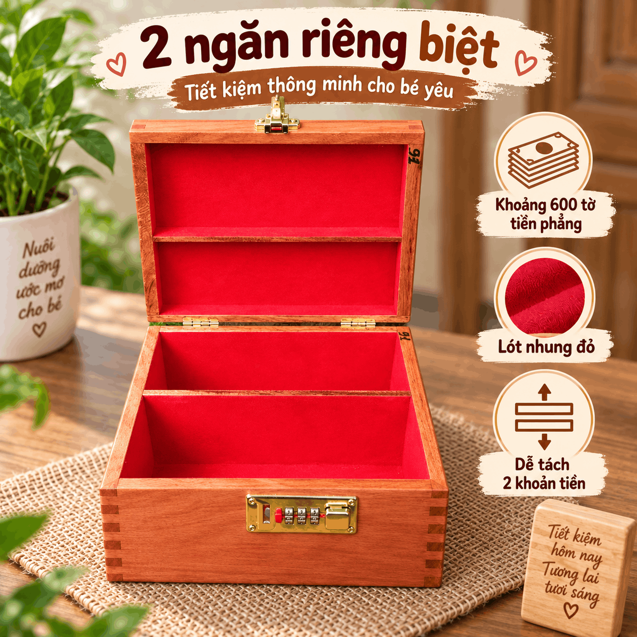Hộp Tiết Kiệm Cho Bé 2 Ngăn Mẫu Hello Kitty – Gỗ Hương, Khóa Số