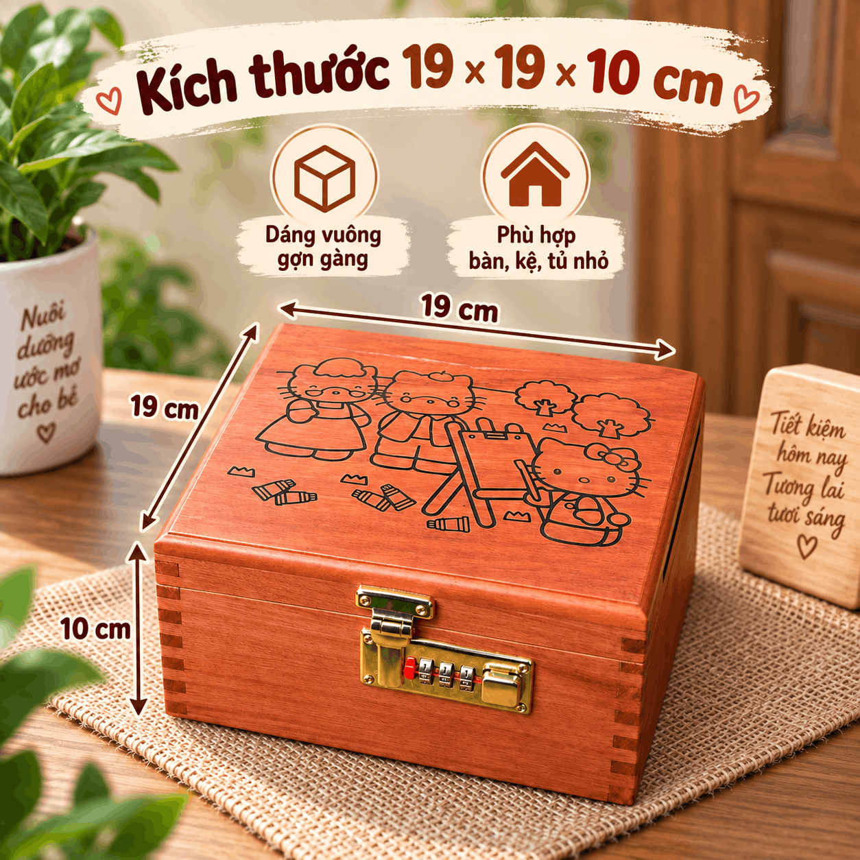 Hộp Tiết Kiệm Cho Bé 2 Ngăn Mẫu Hello Kitty – Gỗ Hương, Khóa Số