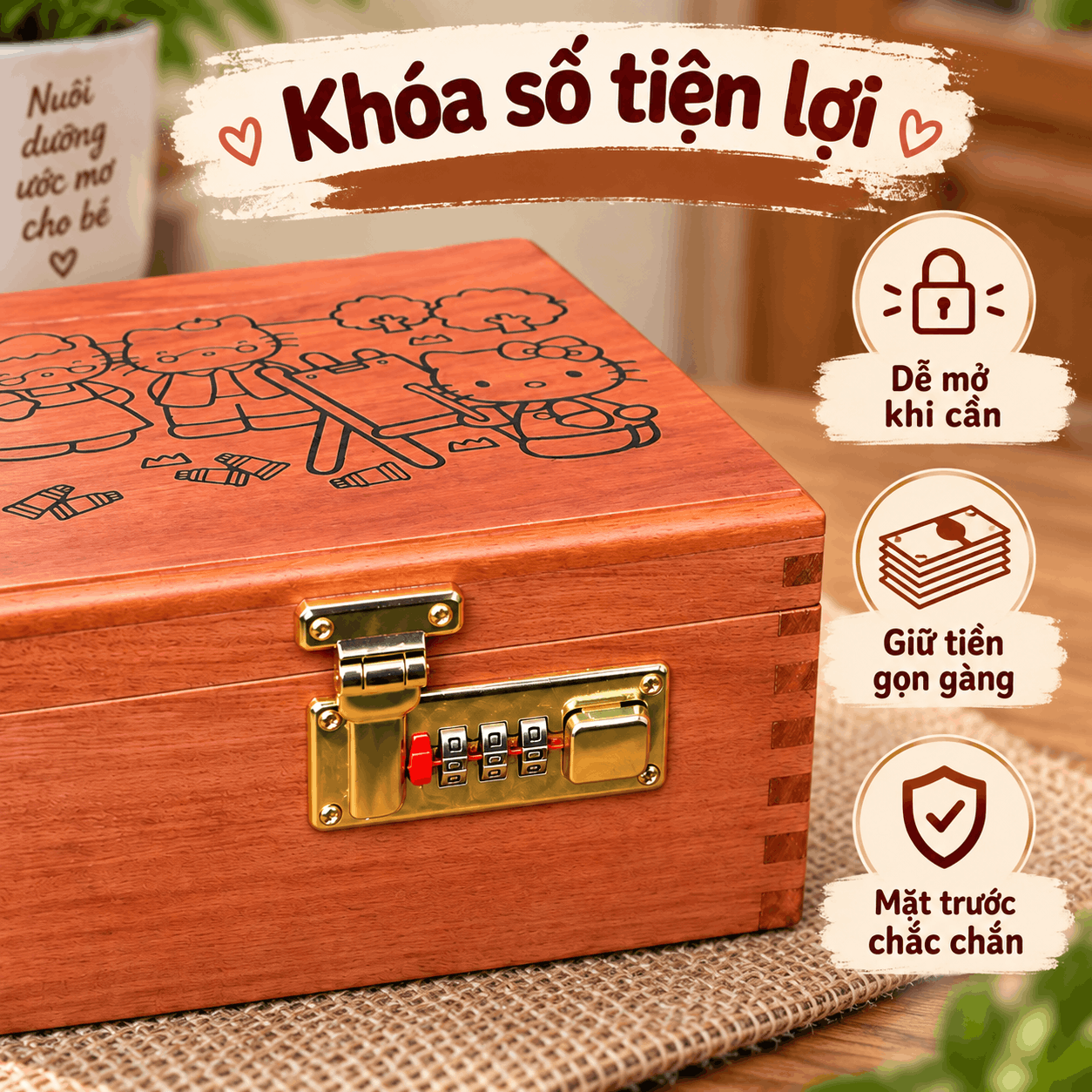 Hộp Tiết Kiệm Cho Bé 2 Ngăn Mẫu Hello Kitty – Gỗ Hương, Khóa Số