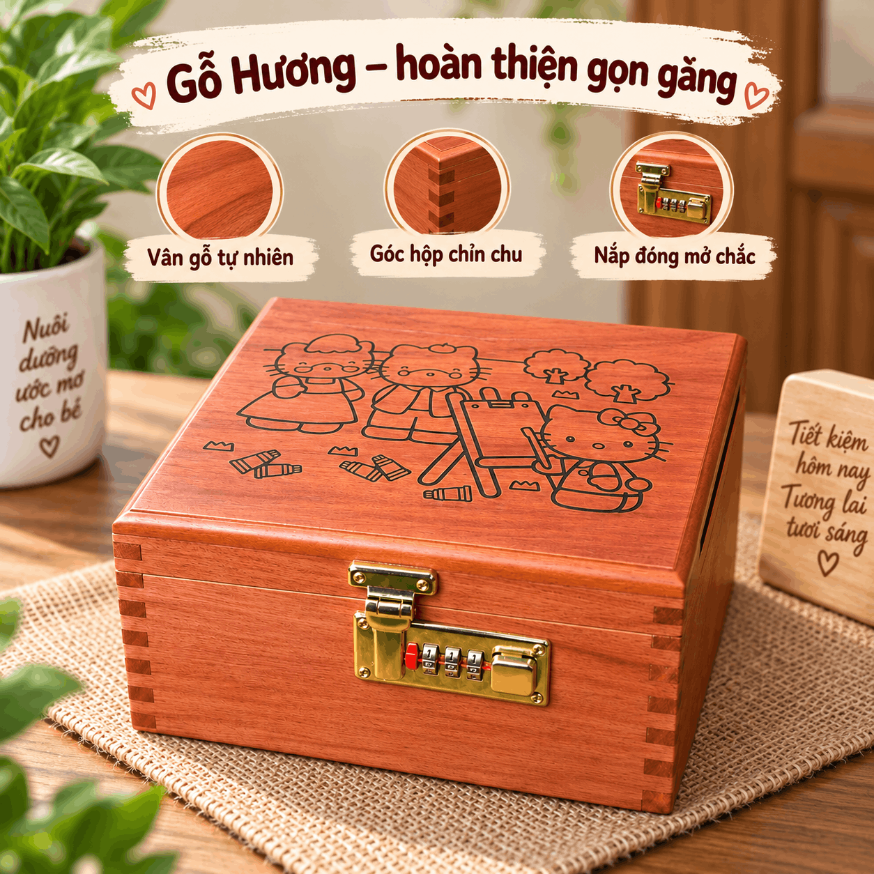 Hộp Tiết Kiệm Cho Bé 2 Ngăn Mẫu Hello Kitty – Gỗ Hương, Khóa Số