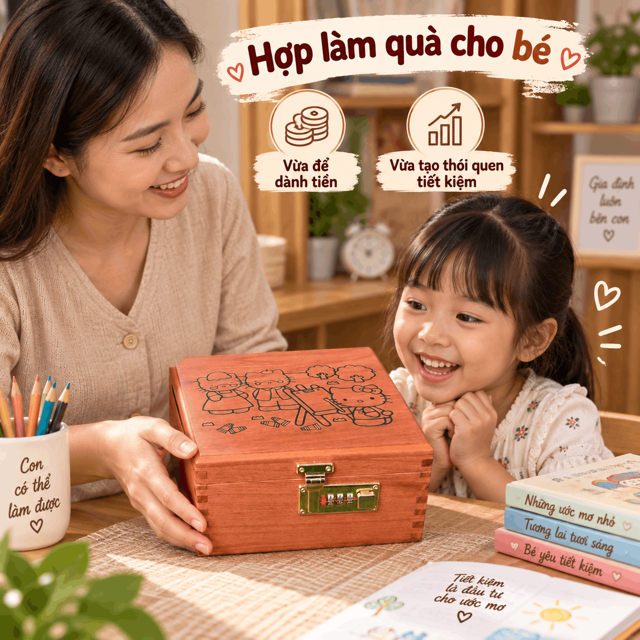 Hộp Tiết Kiệm Cho Bé 2 Ngăn Mẫu Hello Kitty – Gỗ Hương, Khóa Số