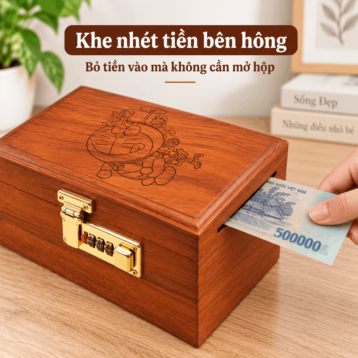 Hộp Tiết Kiệm Cho Bé Mẫu Doremon – Gỗ Hương, Khóa Số
