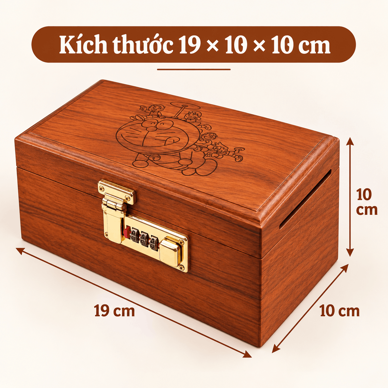 Hộp Tiết Kiệm Cho Bé Mẫu Doremon – Gỗ Hương, Khóa Số