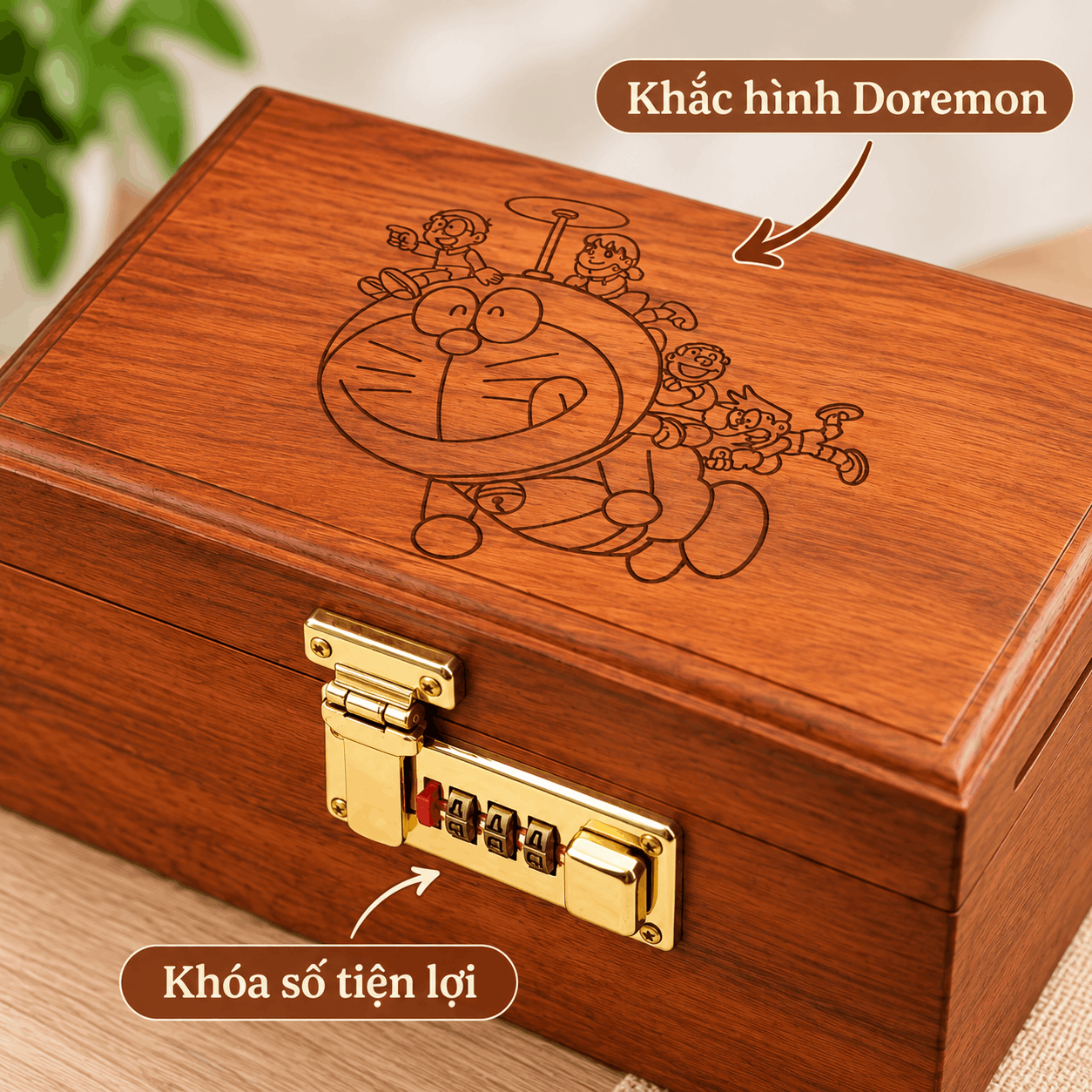 Hộp Tiết Kiệm Cho Bé Mẫu Doremon – Gỗ Hương, Khóa Số