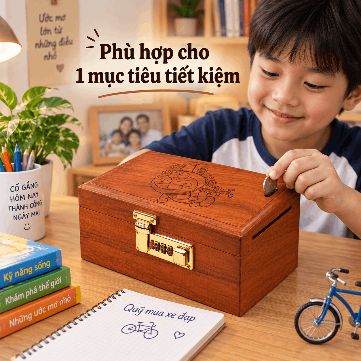 Hộp Tiết Kiệm Cho Bé Mẫu Doremon – Gỗ Hương, Khóa Số