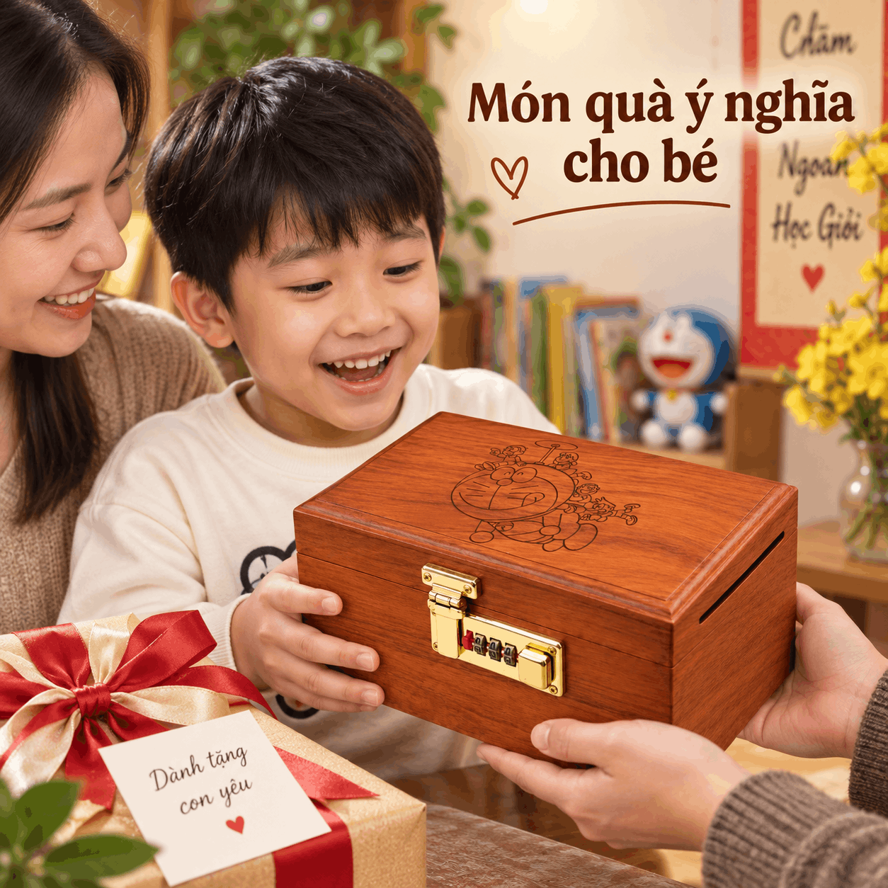 Hộp Tiết Kiệm Cho Bé Mẫu Doremon – Gỗ Hương, Khóa Số