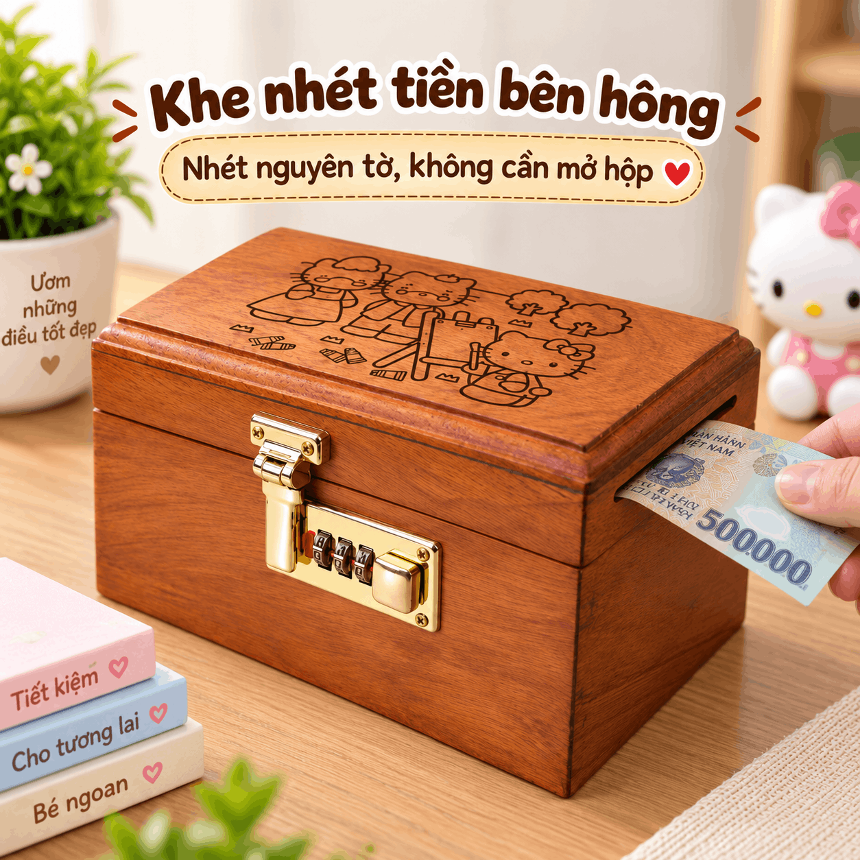 Hộp Tiết Kiệm Cho Bé Mẫu Gia Đình Hello Kitty – Gỗ Hương, Khóa Số