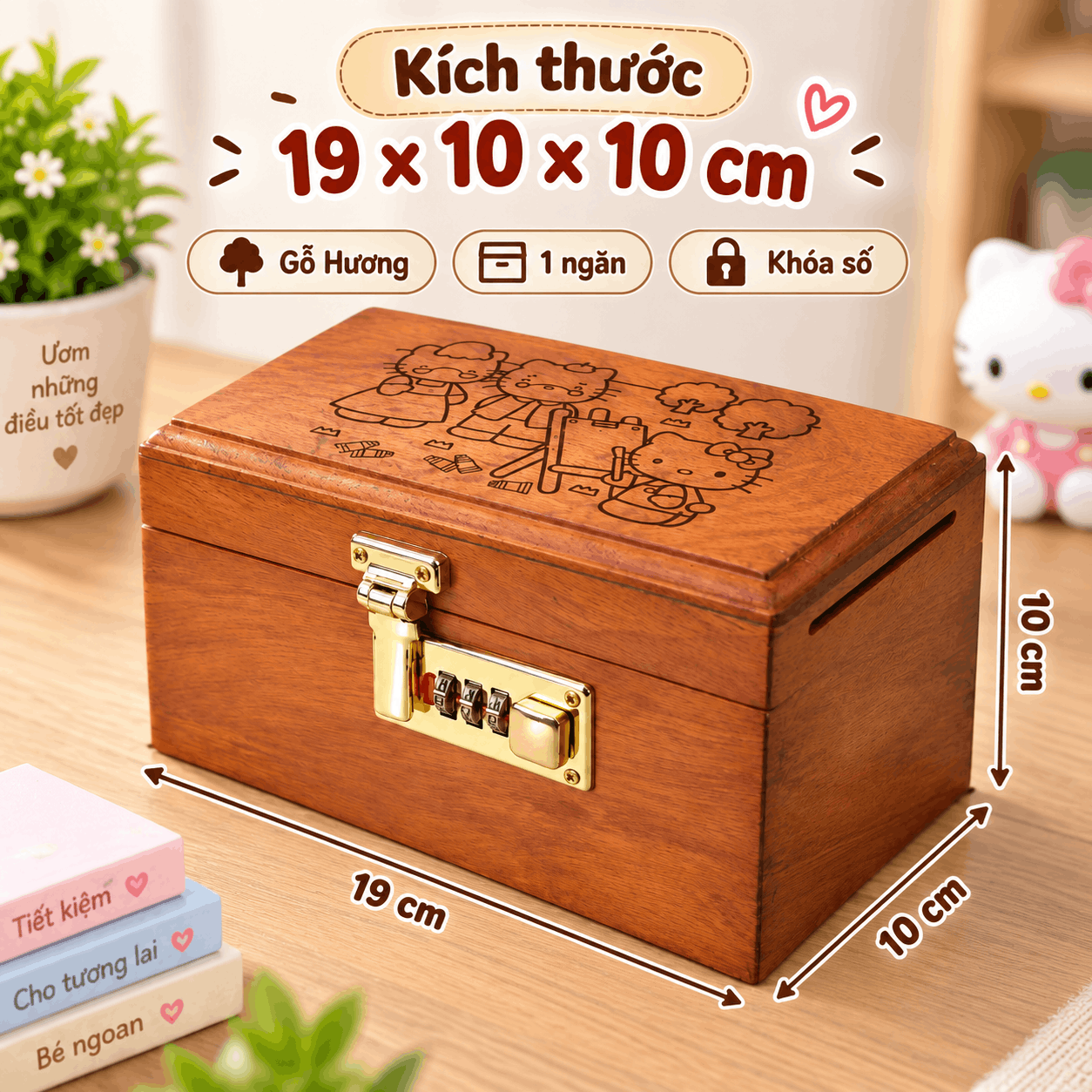 Hộp Tiết Kiệm Cho Bé Mẫu Gia Đình Hello Kitty – Gỗ Hương, Khóa Số