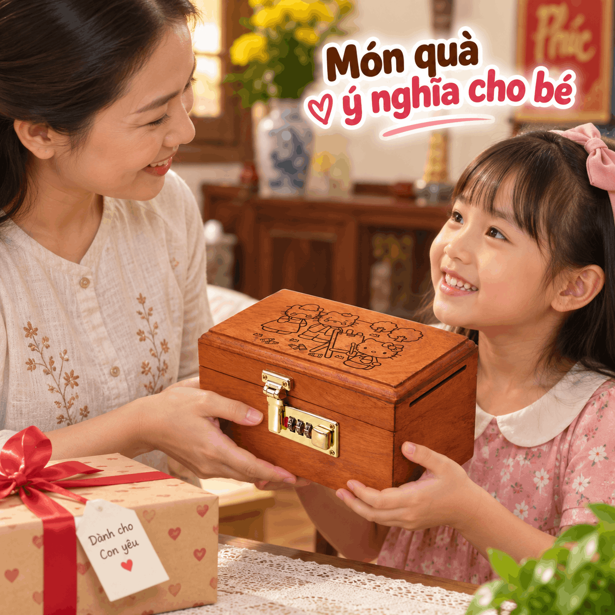 Hộp Tiết Kiệm Cho Bé Mẫu Gia Đình Hello Kitty – Gỗ Hương, Khóa Số