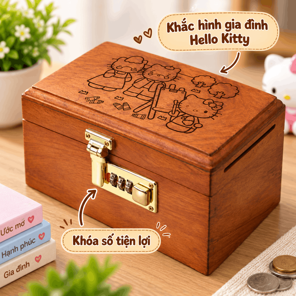 Hộp Tiết Kiệm Cho Bé Mẫu Gia Đình Hello Kitty – Gỗ Hương, Khóa Số