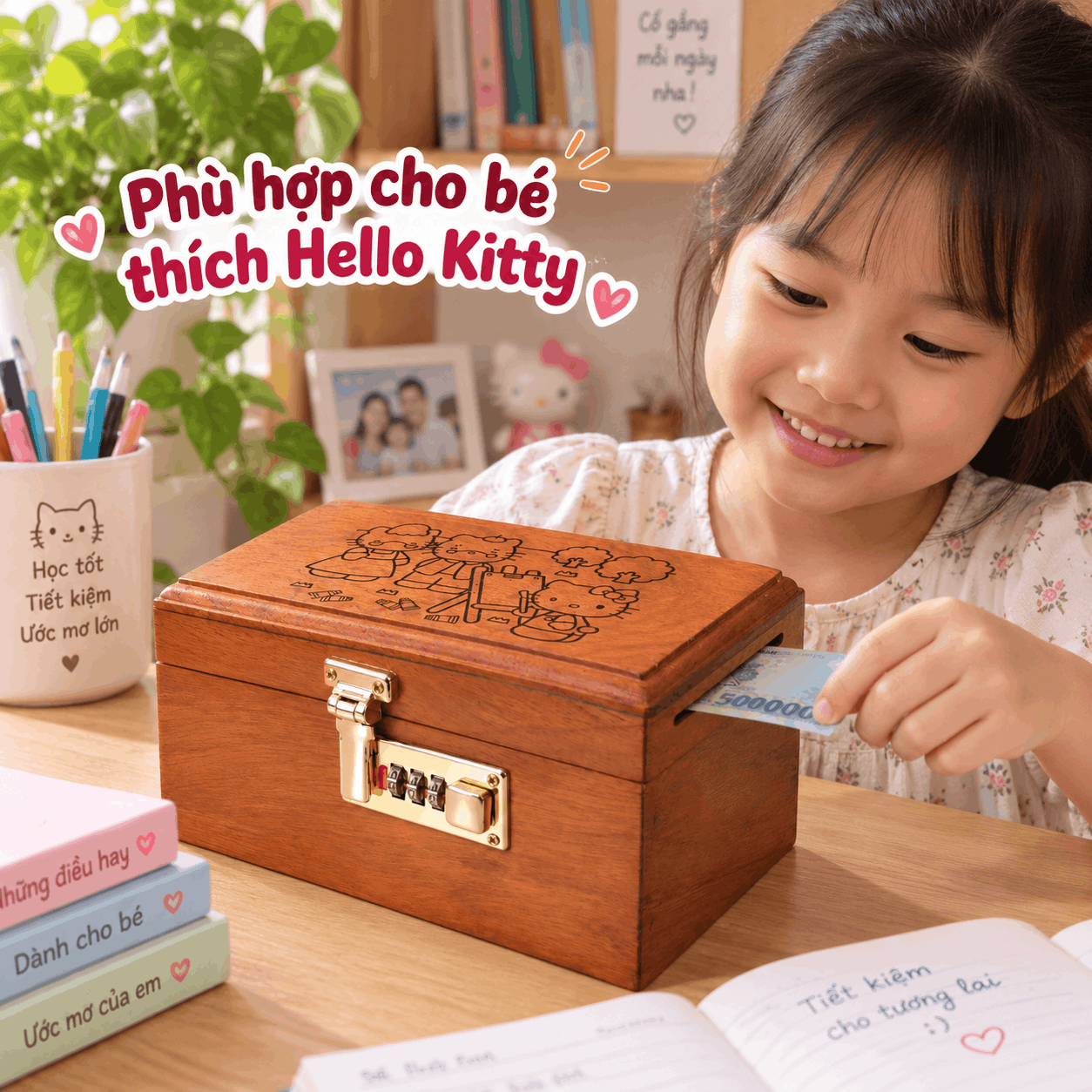 Hộp Tiết Kiệm Cho Bé Mẫu Gia Đình Hello Kitty – Gỗ Hương, Khóa Số