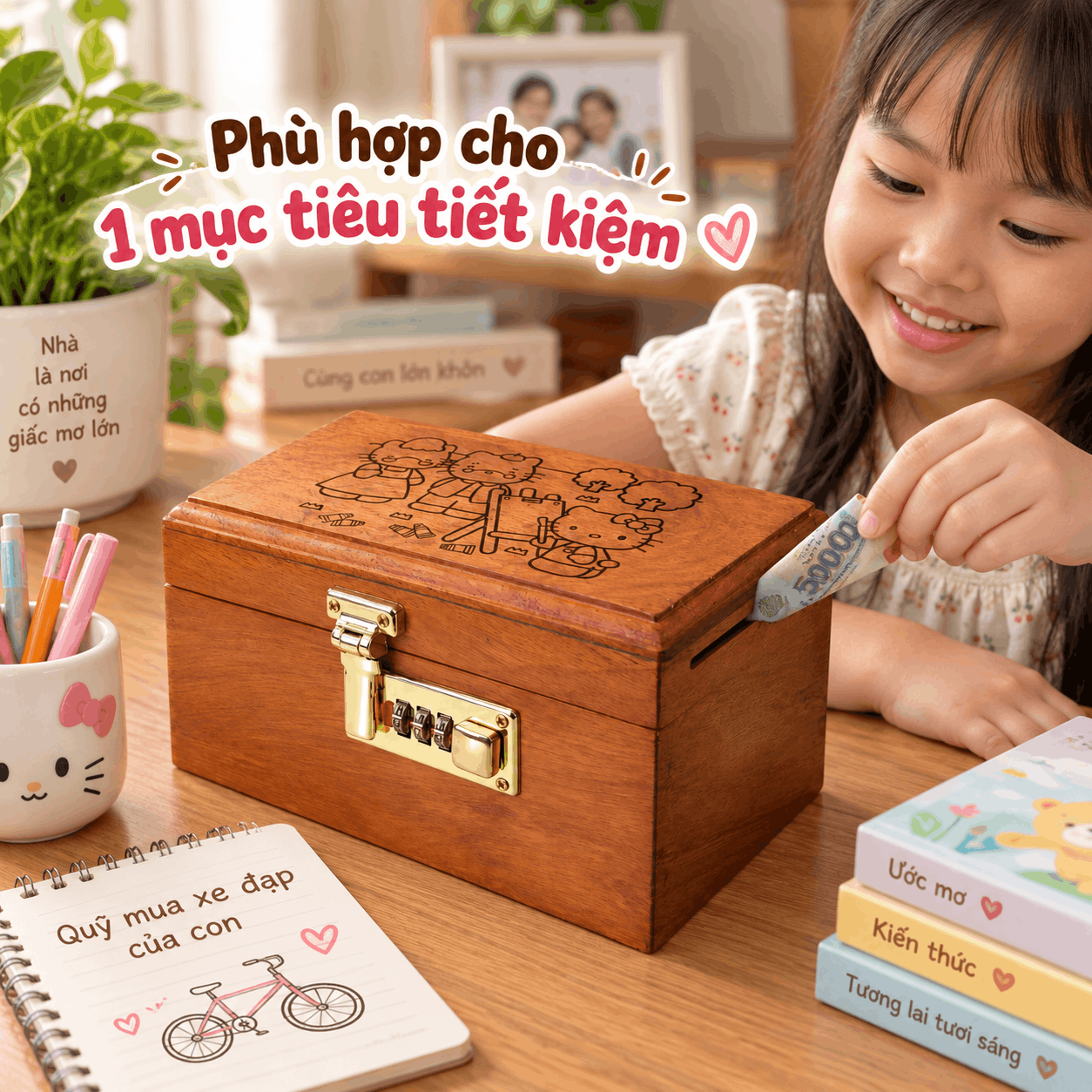 Hộp Tiết Kiệm Cho Bé Mẫu Gia Đình Hello Kitty – Gỗ Hương, Khóa Số