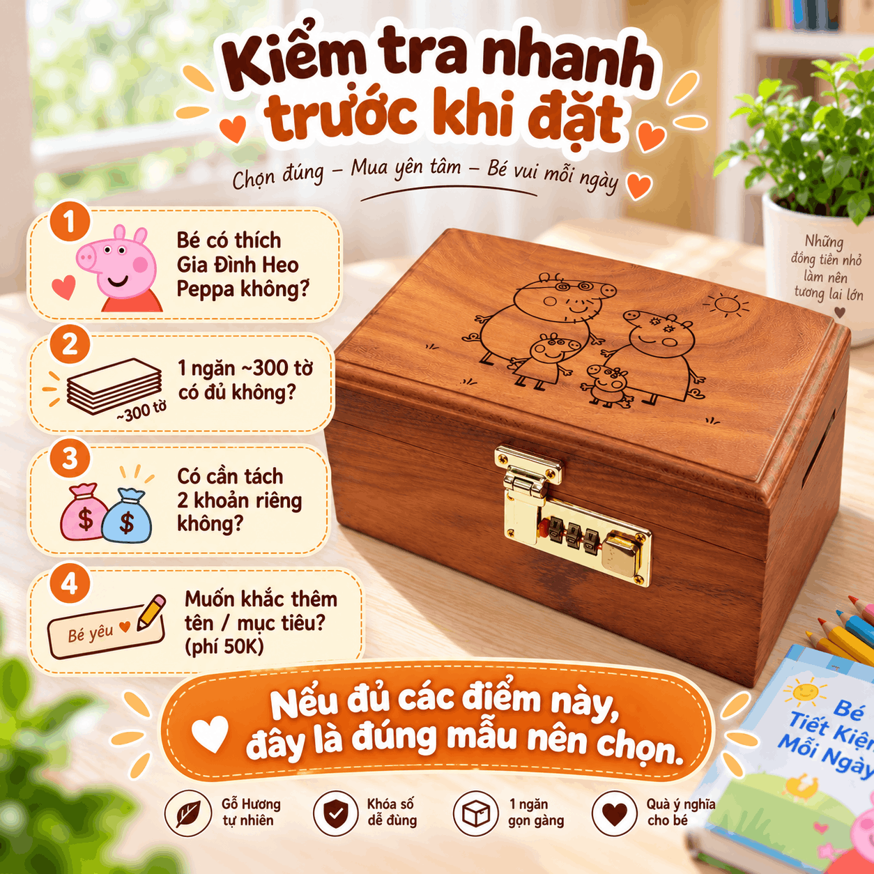 Hộp Tiết Kiệm Cho Bé Mẫu Gia Đình Heo Peppa – Gỗ Hương, Khóa Số