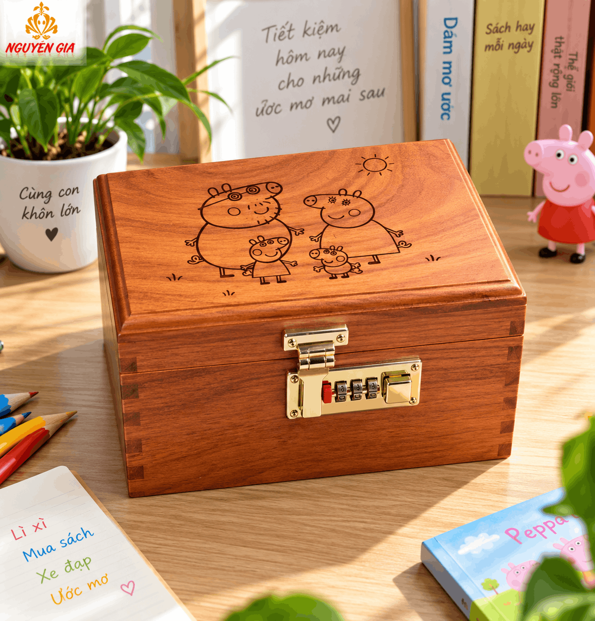 Hộp Tiết Kiệm Cho Bé 2 Ngăn Mẫu Gia Đình Heo Peppa – Gỗ Hương, Khóa Số