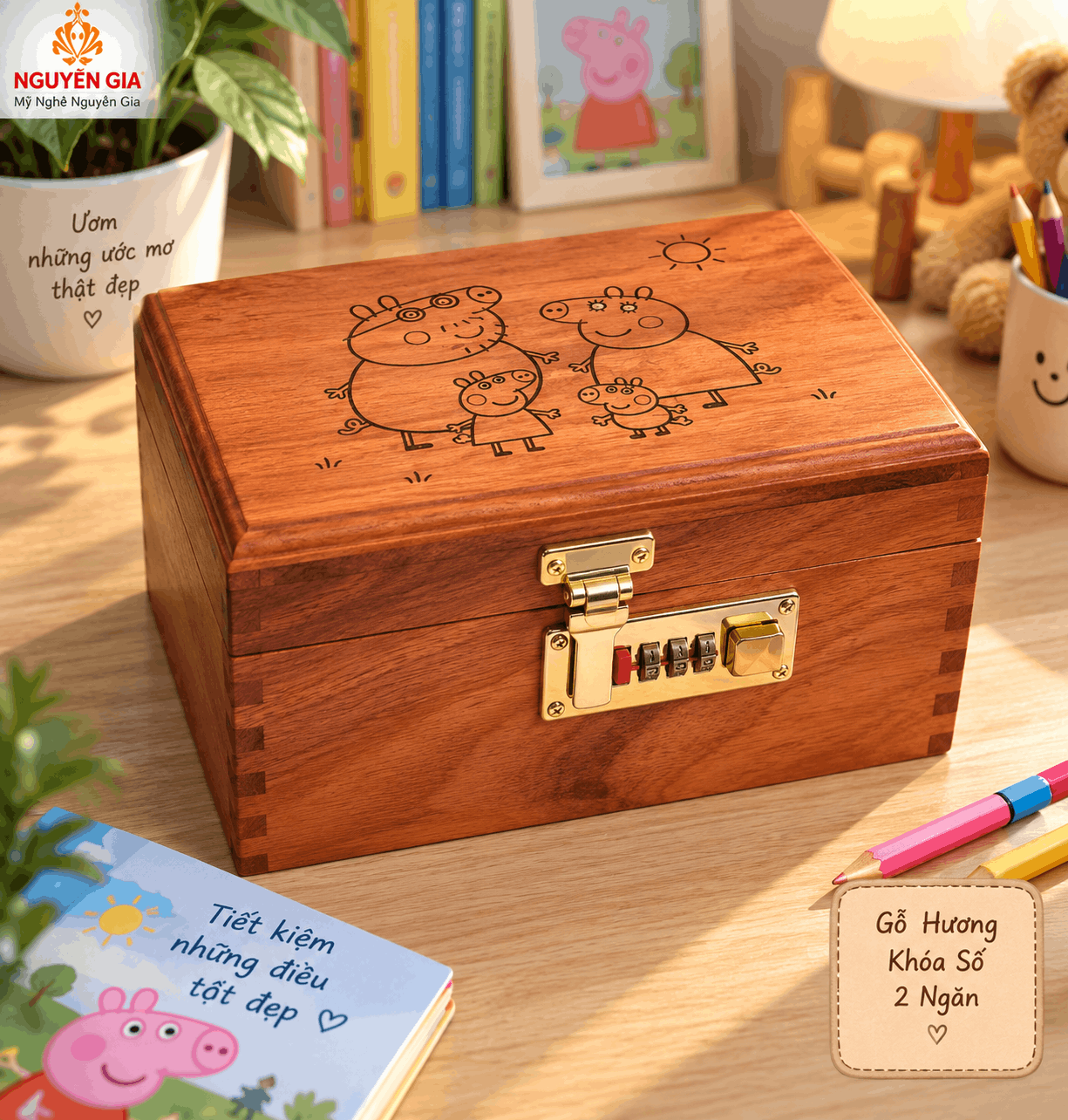 Hộp Tiết Kiệm Cho Bé 2 Ngăn Mẫu Gia Đình Heo Peppa – Gỗ Hương, Khóa Số