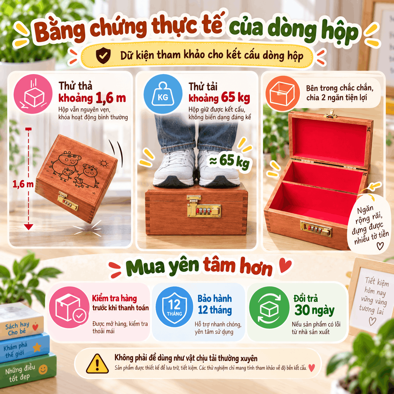 Hộp Tiết Kiệm Cho Bé 2 Ngăn Mẫu Gia Đình Heo Peppa – Gỗ Hương, Khóa Số