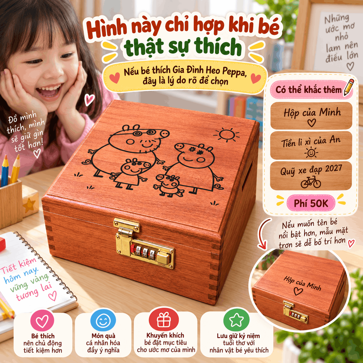Hộp Tiết Kiệm Cho Bé 2 Ngăn Mẫu Gia Đình Heo Peppa – Gỗ Hương, Khóa Số
