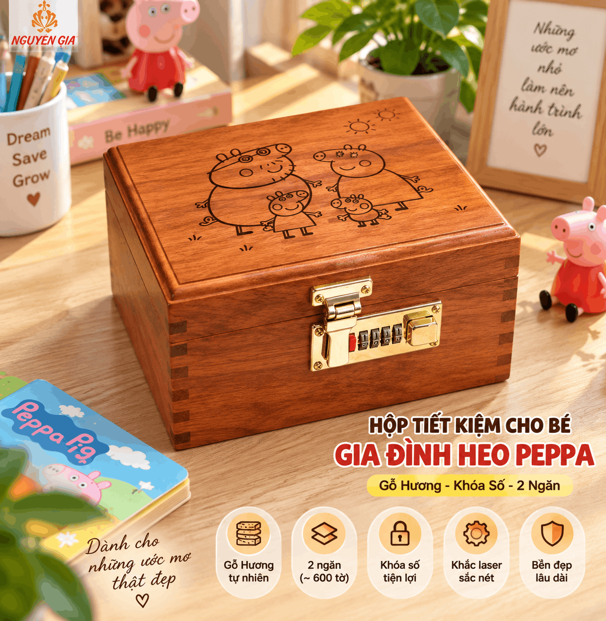 Hộp Tiết Kiệm Cho Bé 2 Ngăn Mẫu Gia Đình Heo Peppa – Gỗ Hương, Khóa Số