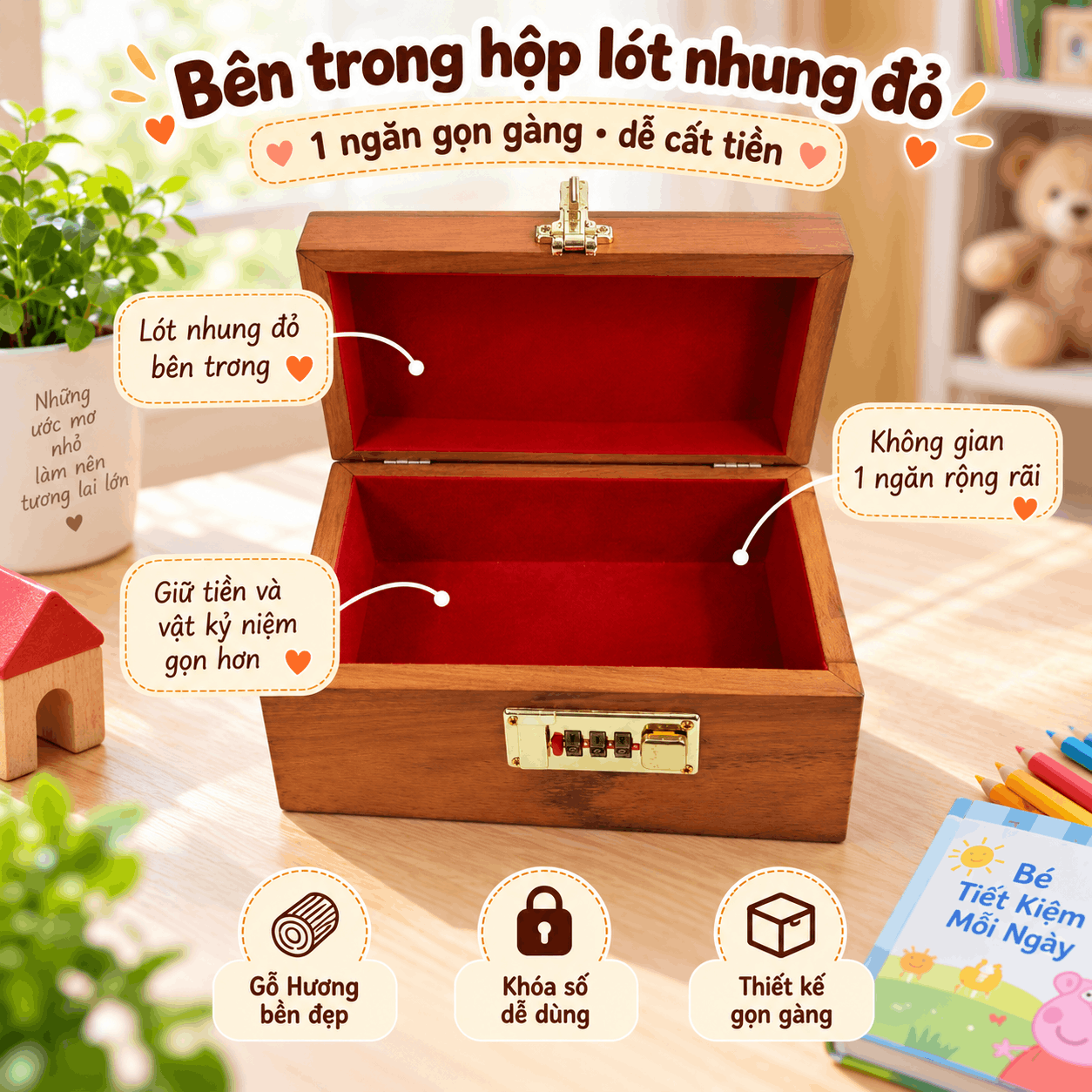 Hộp Tiết Kiệm Cho Bé Mẫu Gia Đình Heo Peppa – Gỗ Hương, Khóa Số