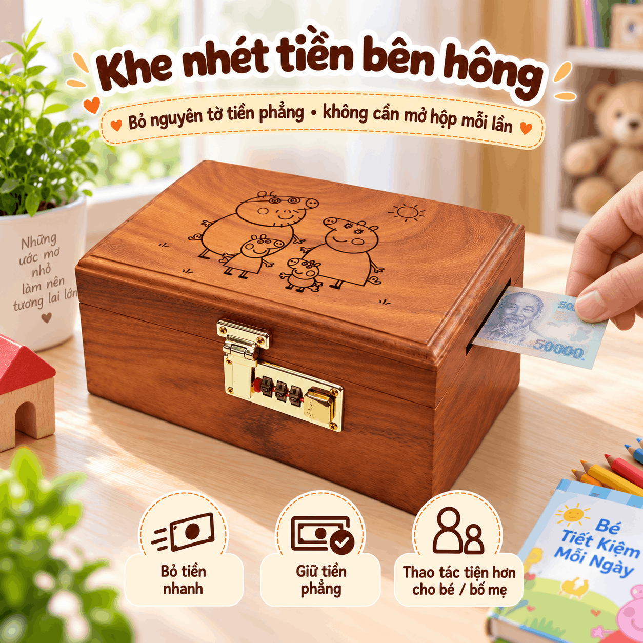 Hộp Tiết Kiệm Cho Bé Mẫu Gia Đình Heo Peppa – Gỗ Hương, Khóa Số