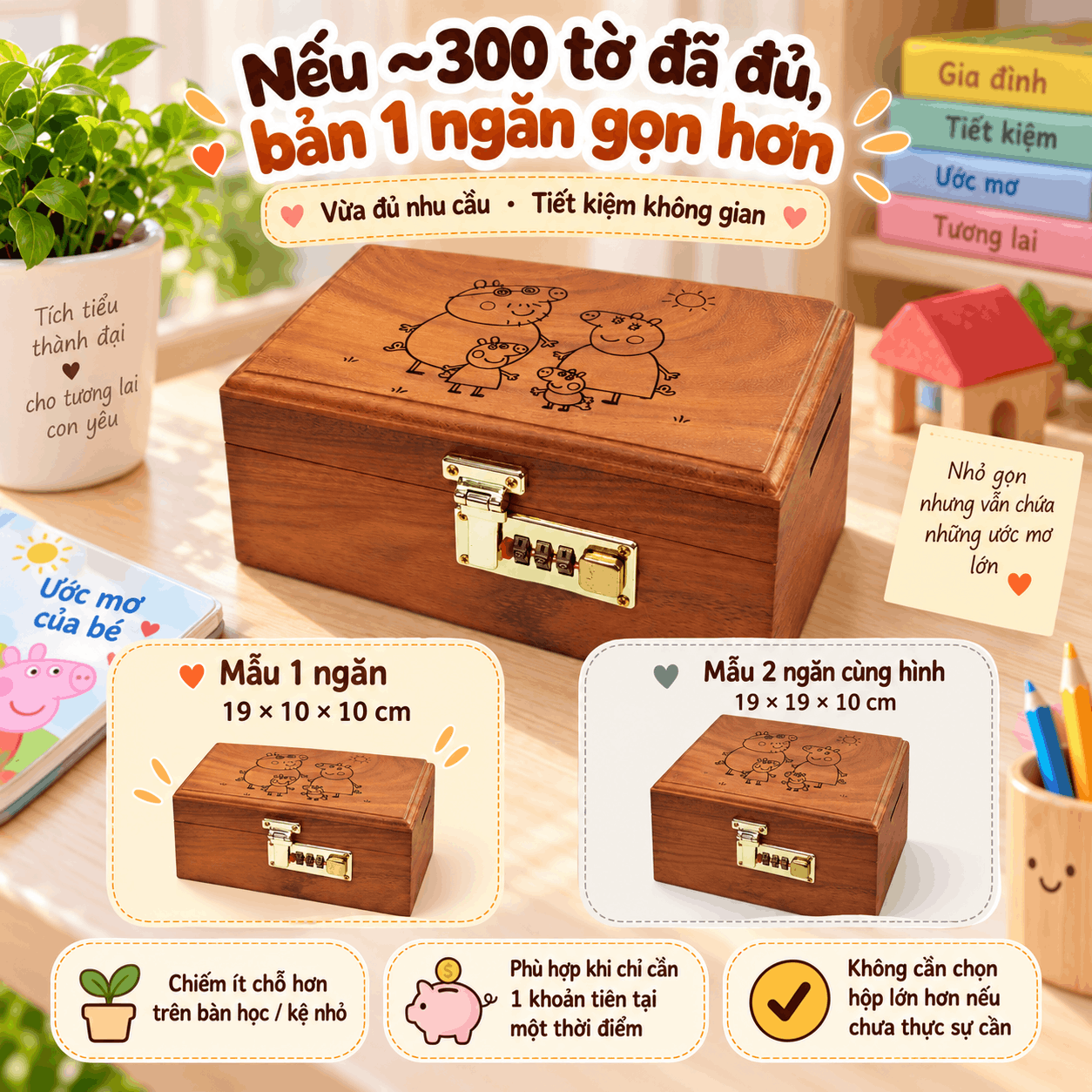 Hộp Tiết Kiệm Cho Bé Mẫu Gia Đình Heo Peppa – Gỗ Hương, Khóa Số